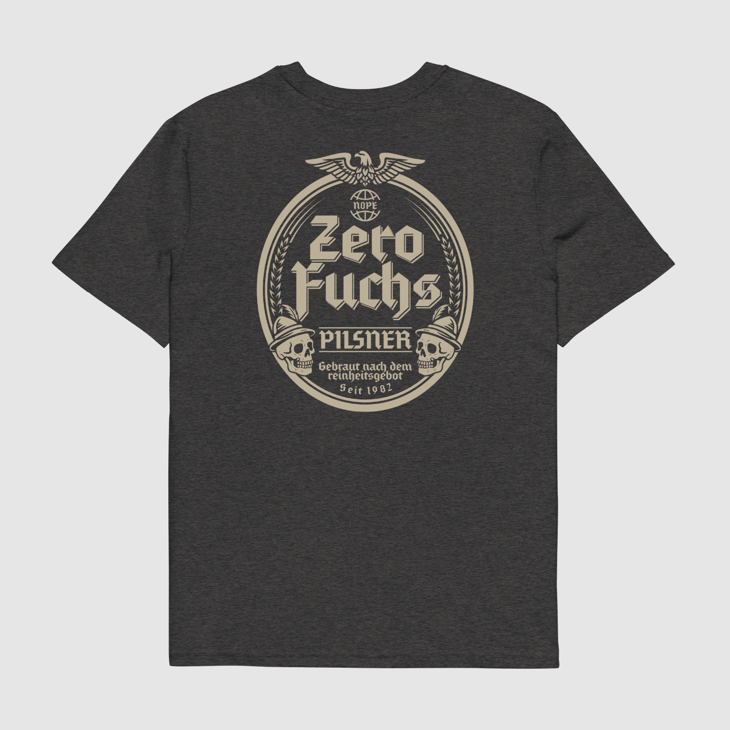Back view of the Dark Heather Grey Zero Fuchs Pilsner T-Shirt with cream pilsner label parody graphic and gothic-style detailing.