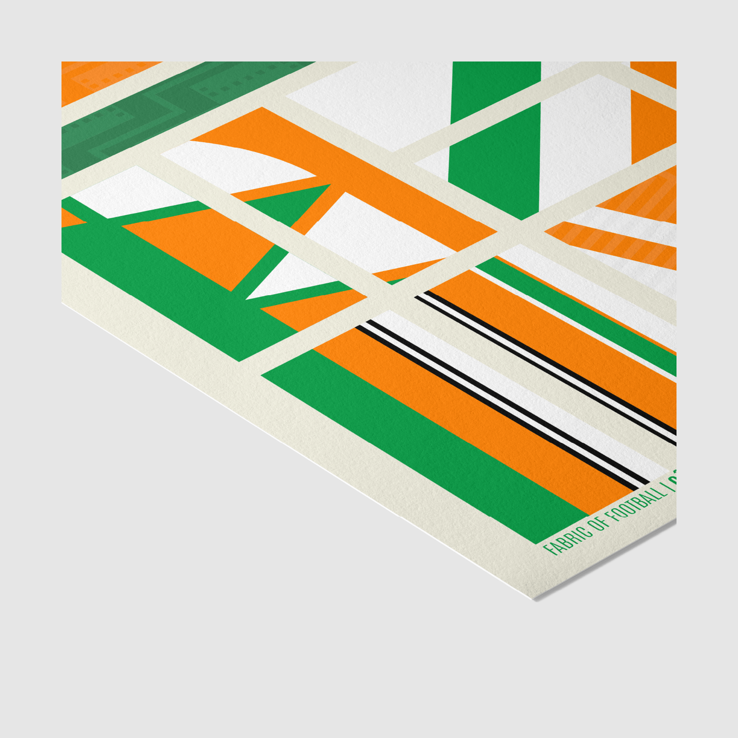 Lower section close-up of Côte d’Ivoire Fabric of Football art print with orange, green, and white stripes