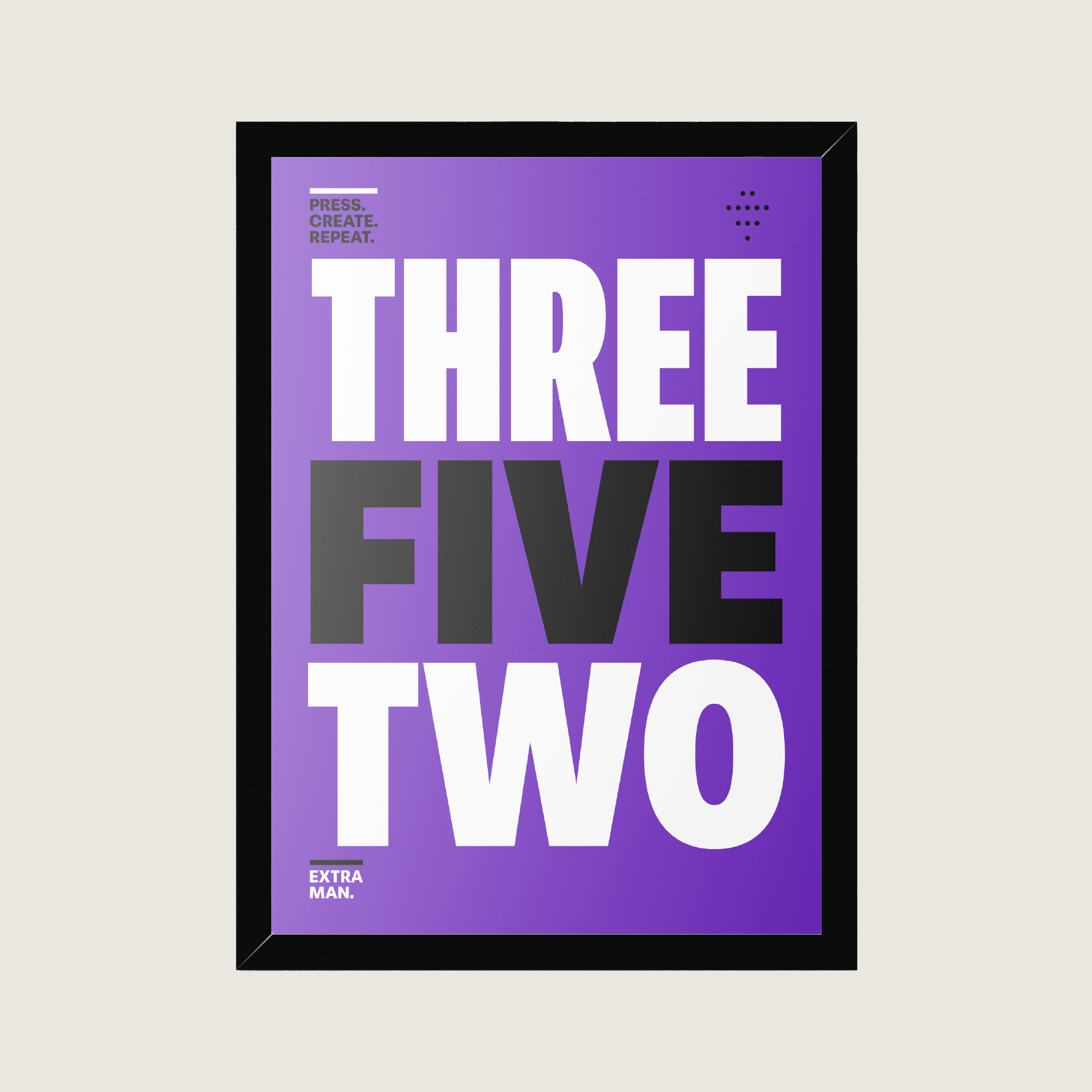 Framed 3-5-2 football formation poster featuring bold typography, modern football tactics and the slogan Press. Create. Repeat.