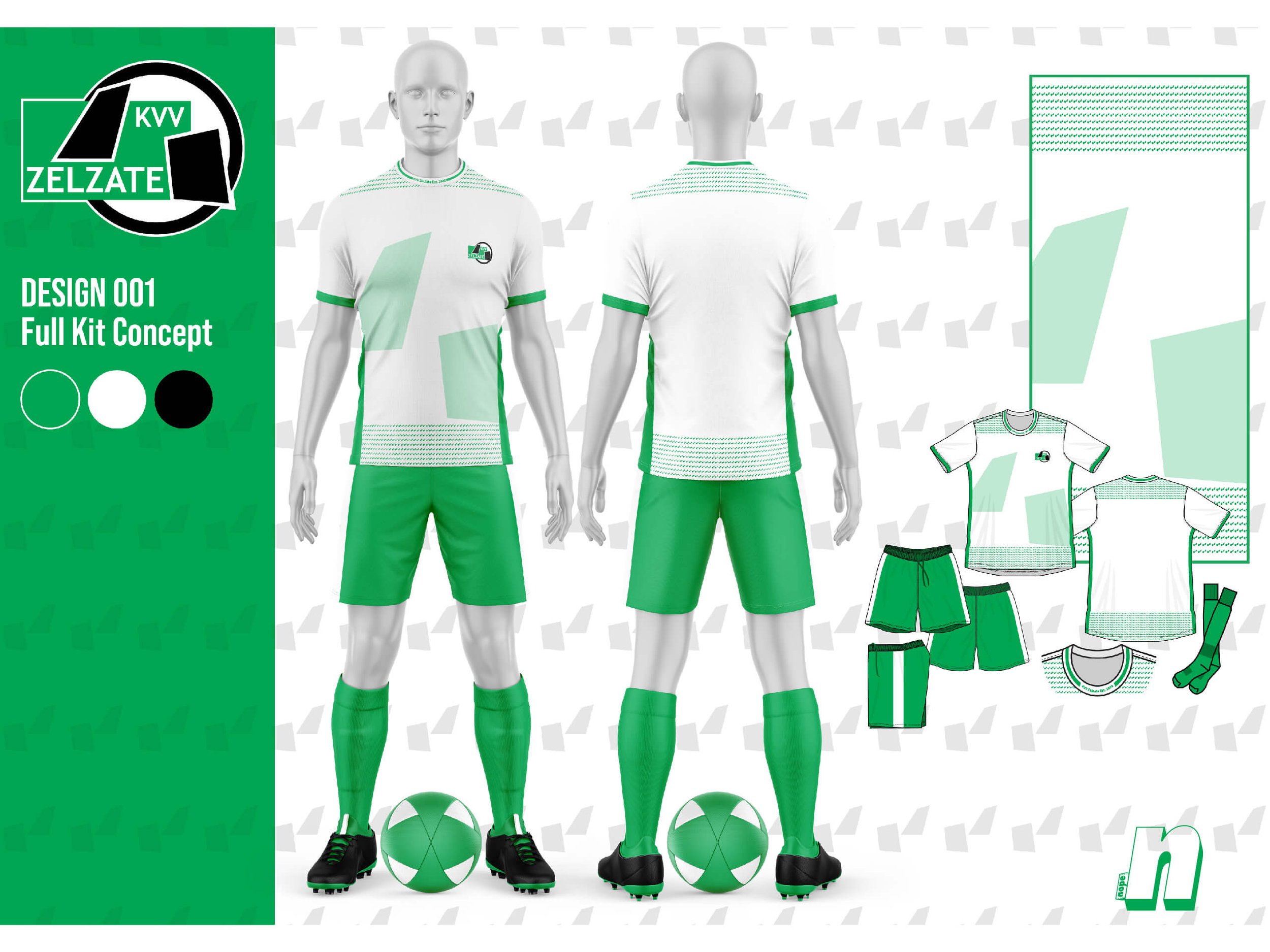 The first design features KVV Zelzate’s primary colors of green and white, blending modern geometric patterns with clean, sharp lines for a striking yet timeless look. The front showcases bold, angular shapes, while the details on the hem and sleeves