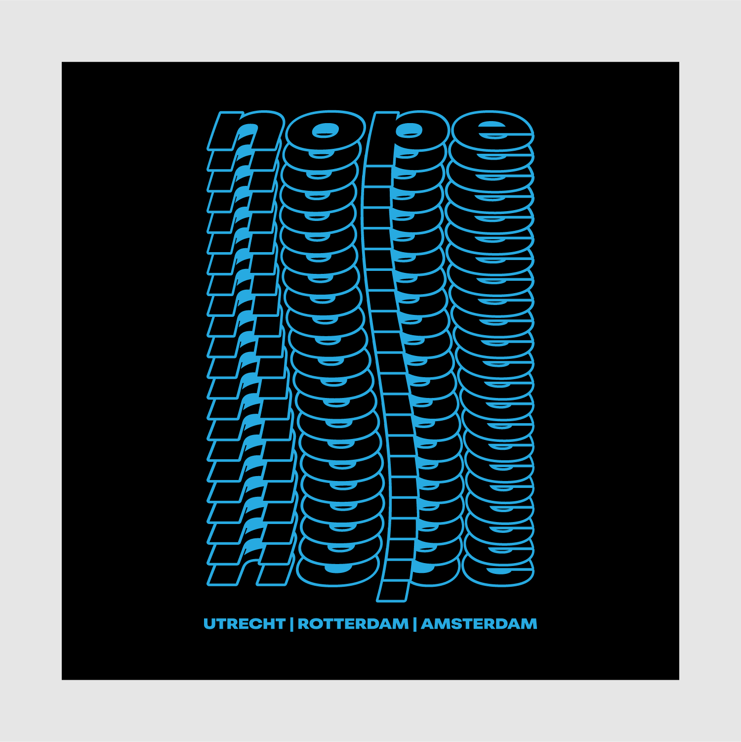 Layered distorted Nope logo graphic in cyan blue on black background with Utrecht, Rotterdam, Amsterdam text