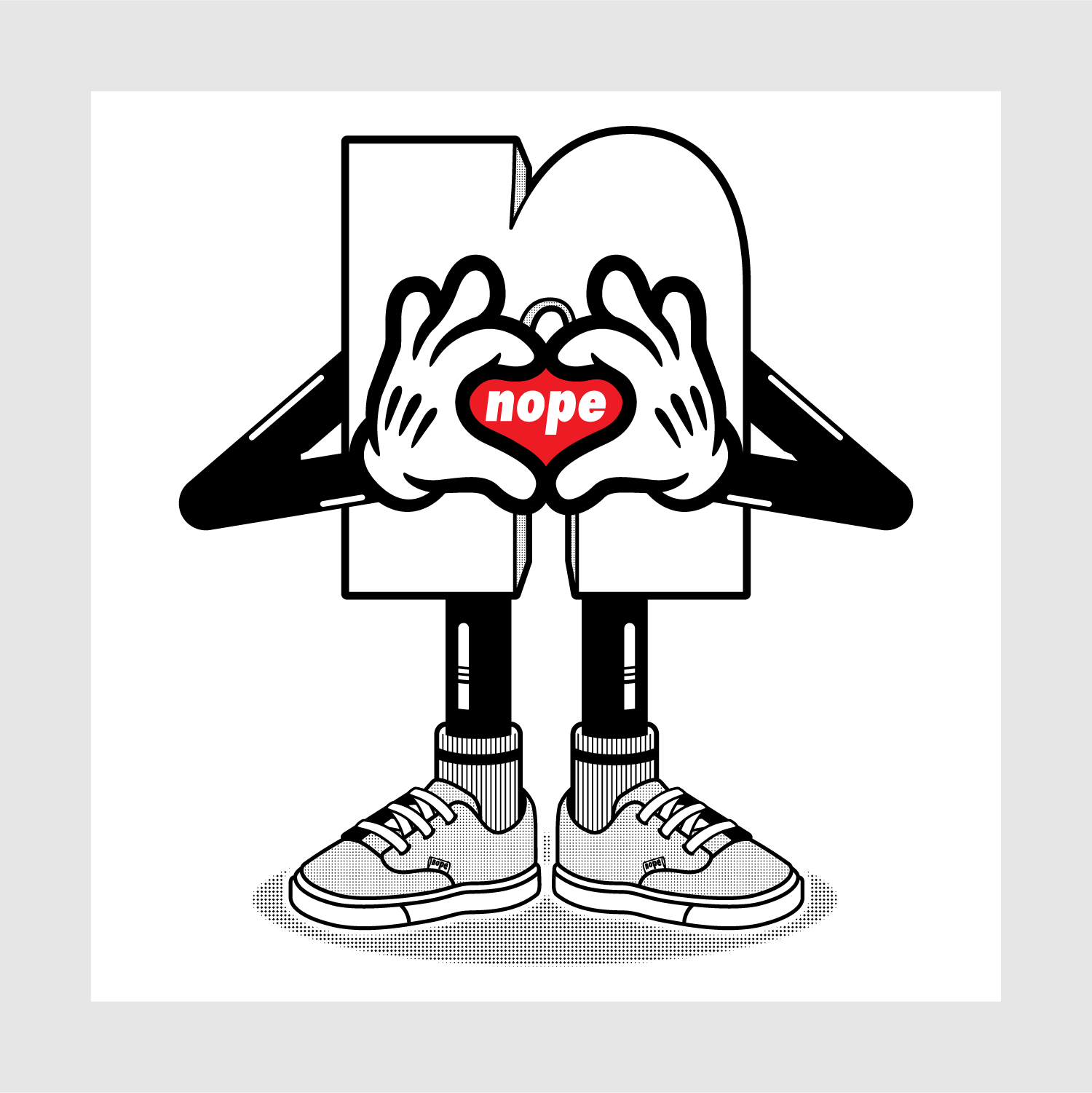 Nope MLLW Tee Graphic White: Close-up of cartoon Nope mascot with heart hand sign and red Nope logo