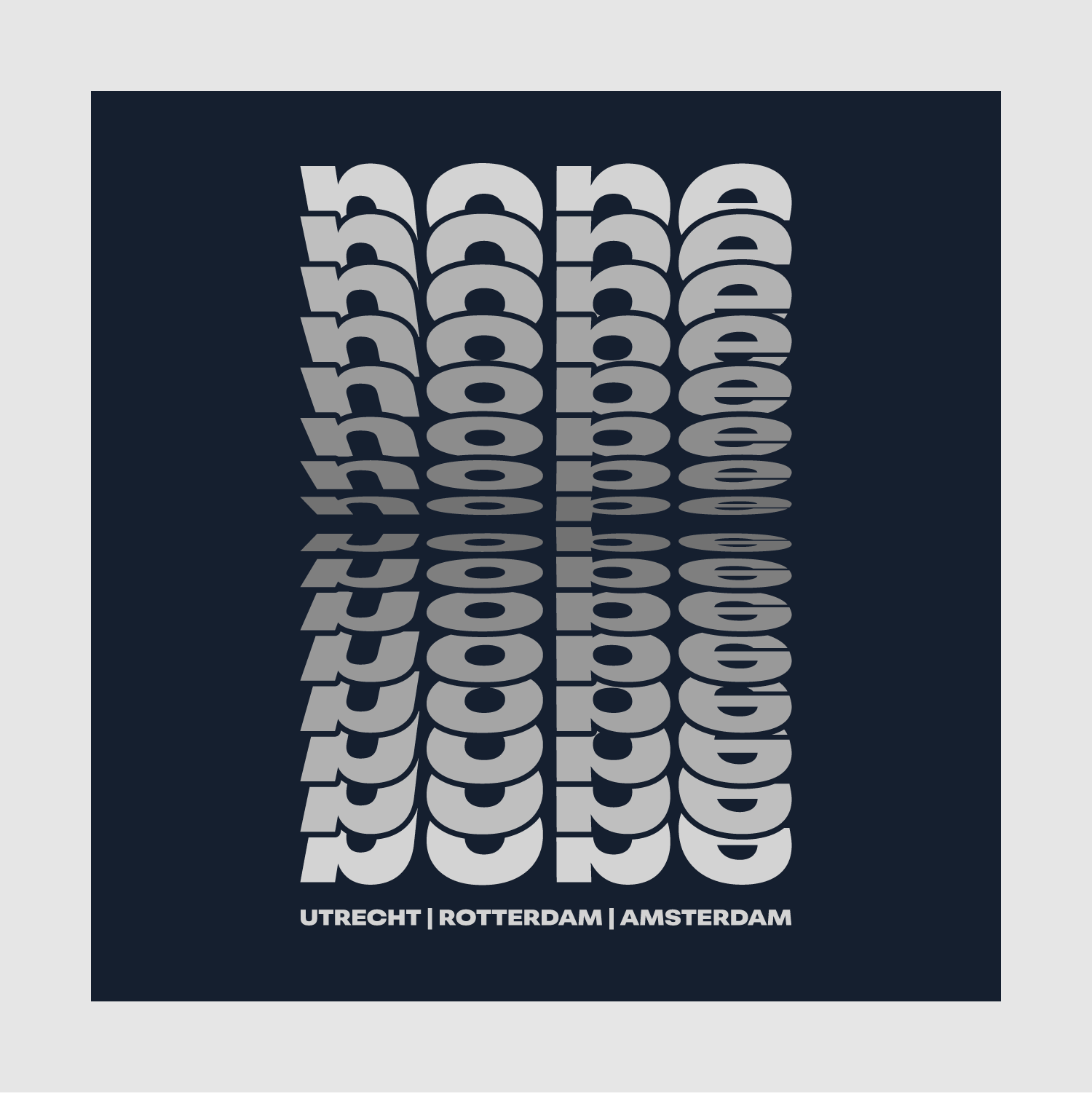 Typographic stack artwork showing NOPE text fading into distortion – Utrecht Rotterdam Amsterdam at base