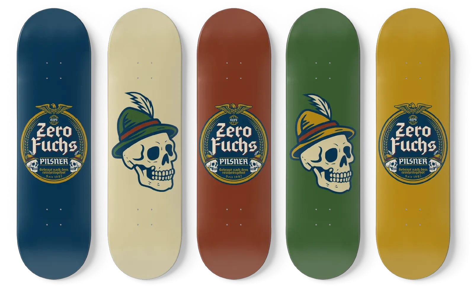 Zero Fuchs limited edition skateboard decks designed by Mr. Nope – skull and pilsner-inspired street art graphics in bold colors.