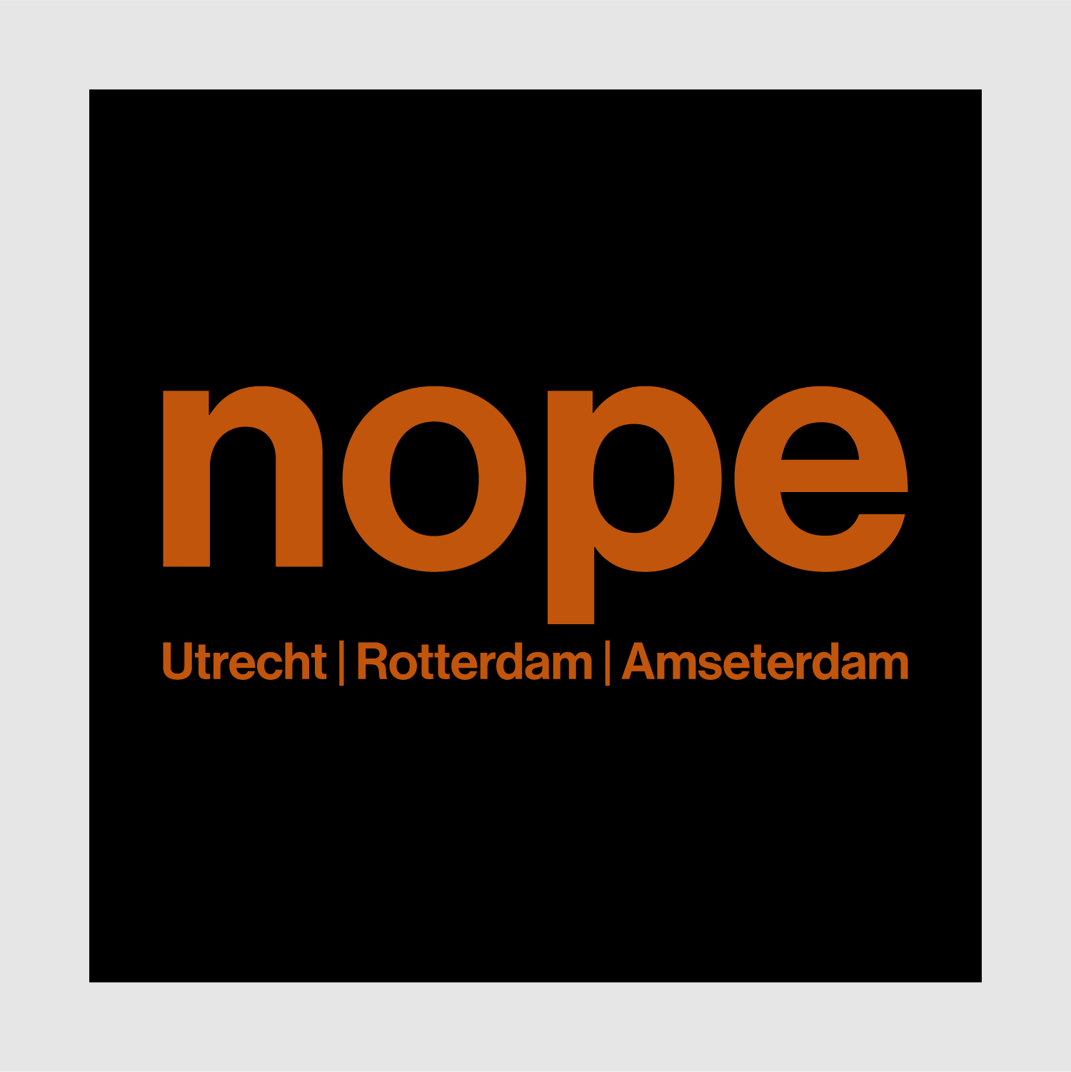 Front Graphic View: Nopehaus sweatshirt in black with orange “nope” chest logo – Utrecht, Rotterdam, Amsterdam