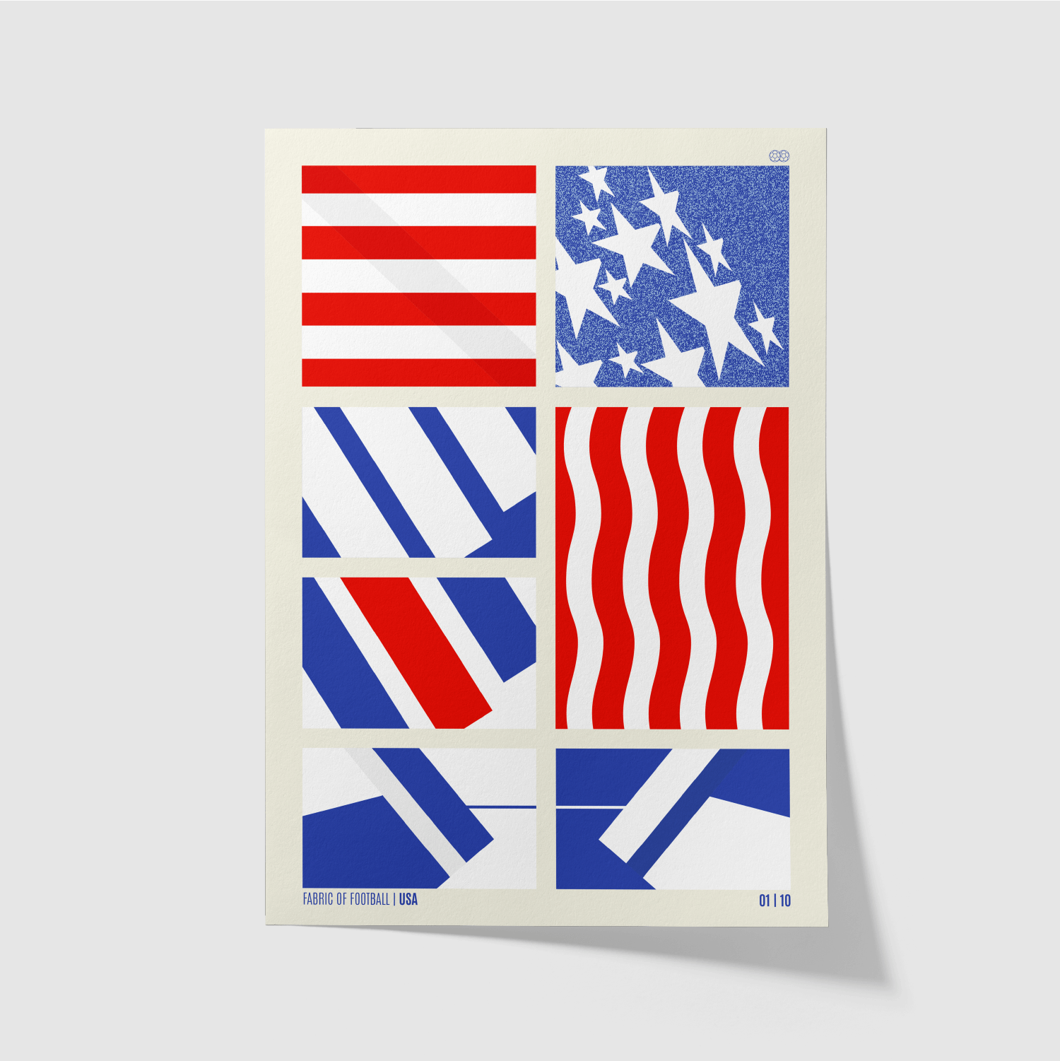 USA Fabric of Football art print featuring red, white, and blue geometric football kit designs – unframed
