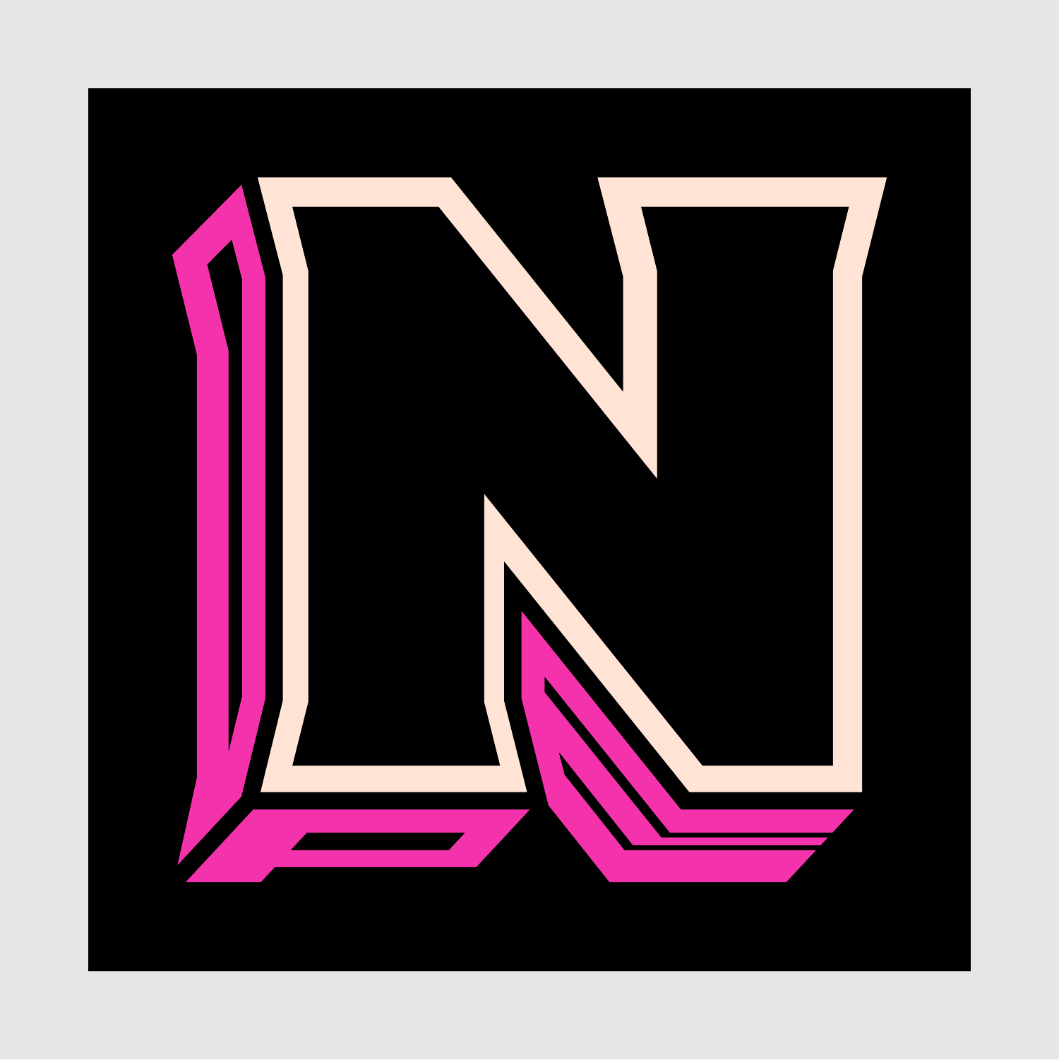 Close-up of Nope 3D logo with “ope” hidden in the shadow layers – black and pink version