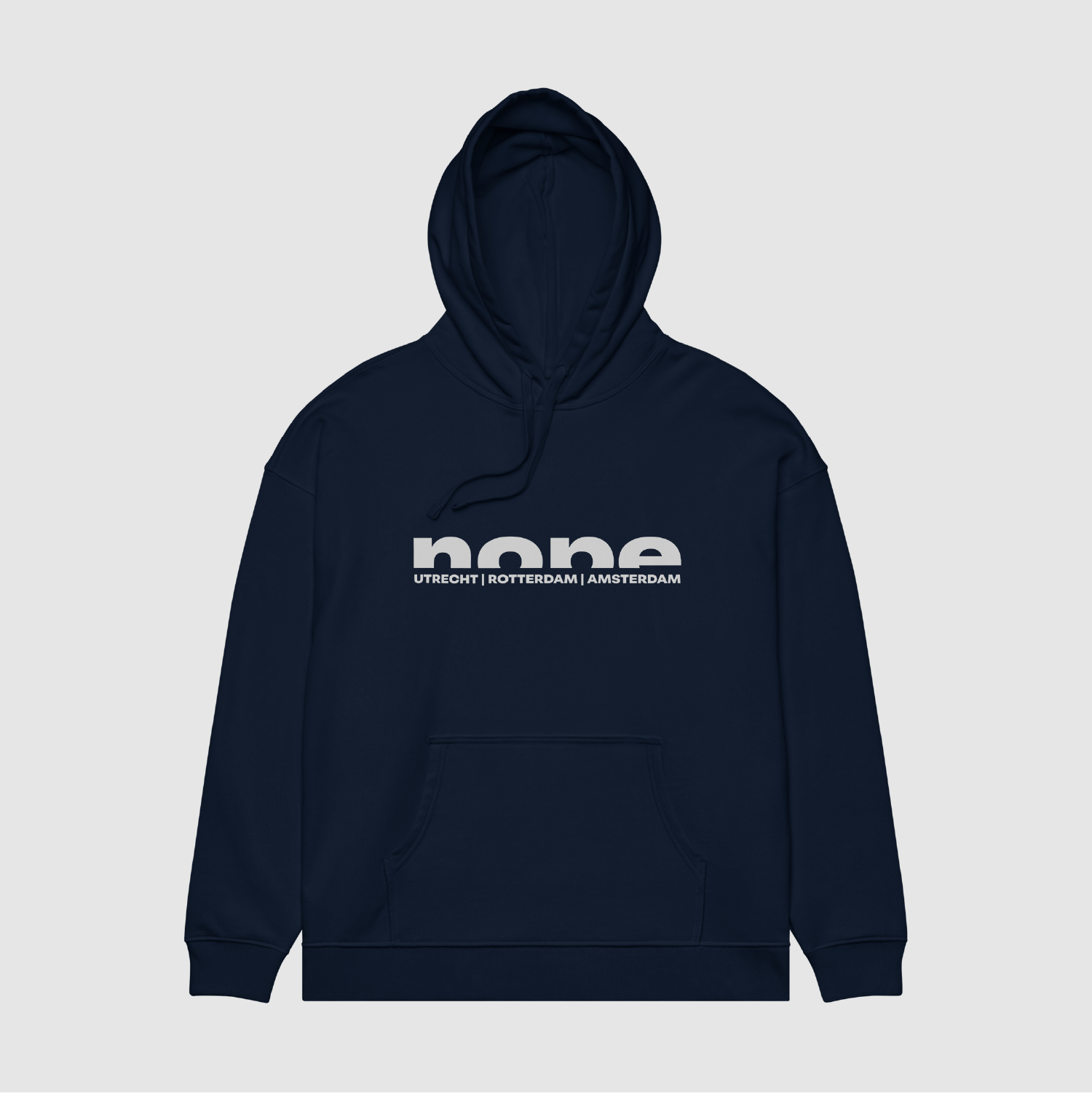 Front of navy hoodie with nope text logo and three city names – minimal streetwear branding by Mr. Nope