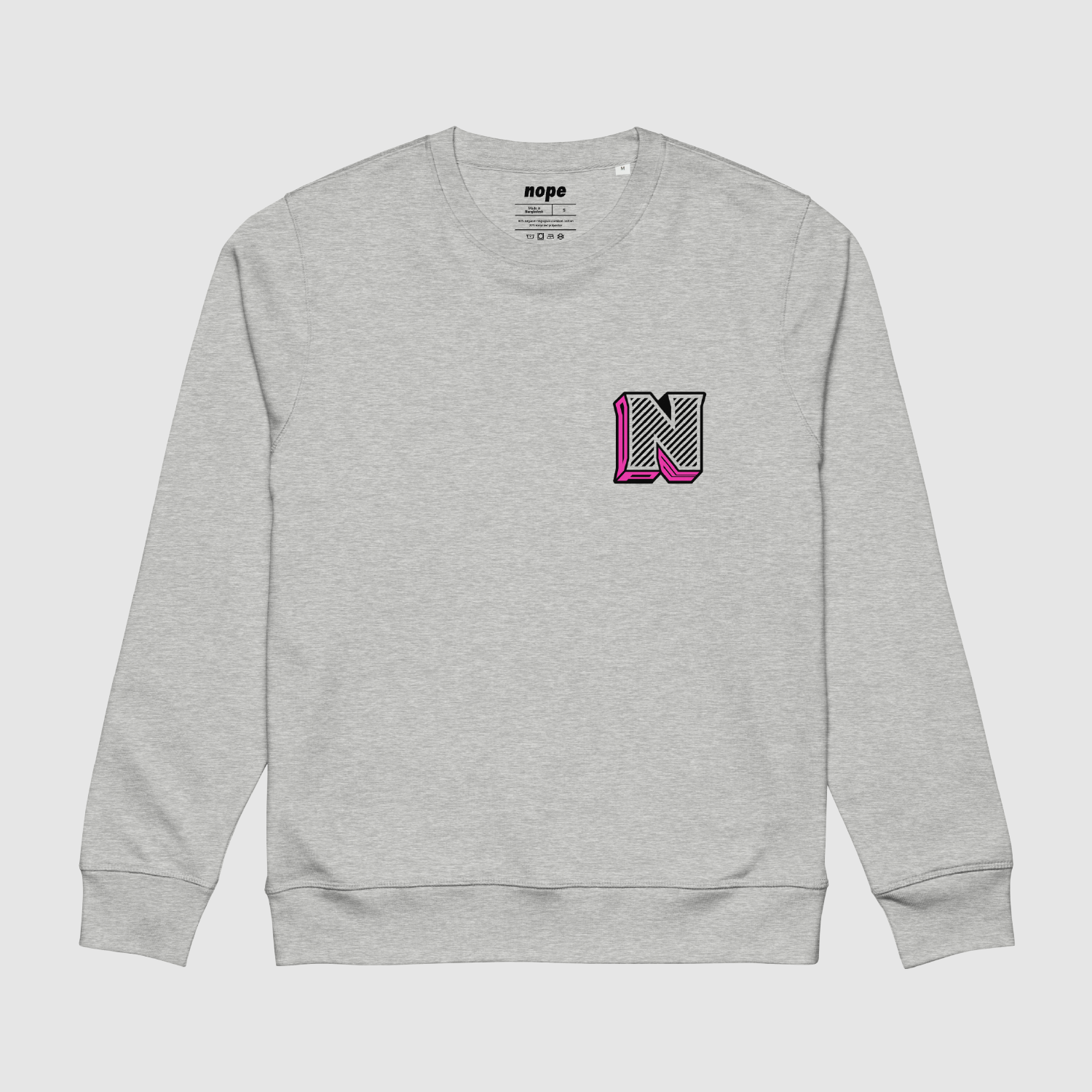 Grey Nope 3D Logo Sweatshirt front view with striped N and pink drop shadow