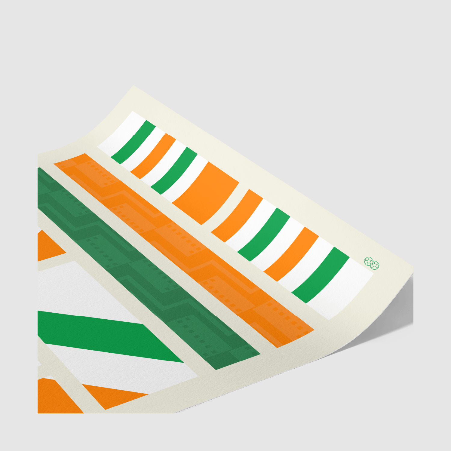 Angled detail shot of Côte d’Ivoire Fabric of Football print showing geometric football kit patterns