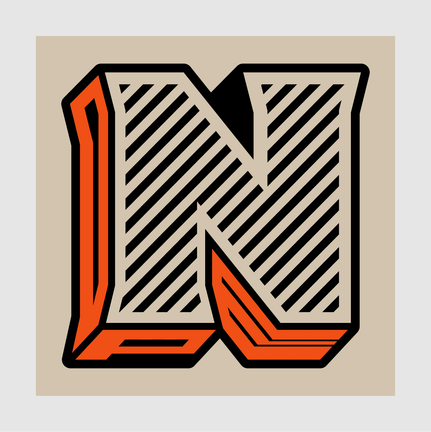 Close-up of orange drop-shadow N logo with hidden stripe typography