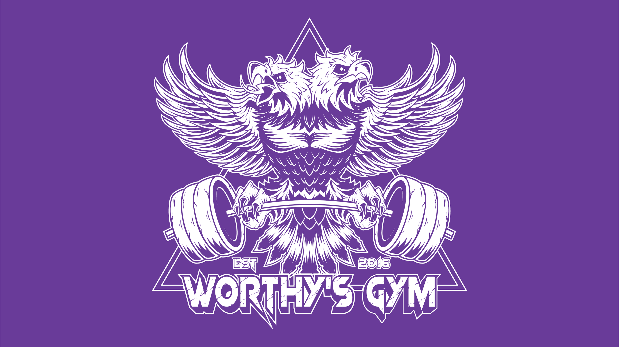 Illustration of an eagle with two heads lifting a barbell, with text reading 'Worthys Gym' and 'EST 2016' on a purple background.