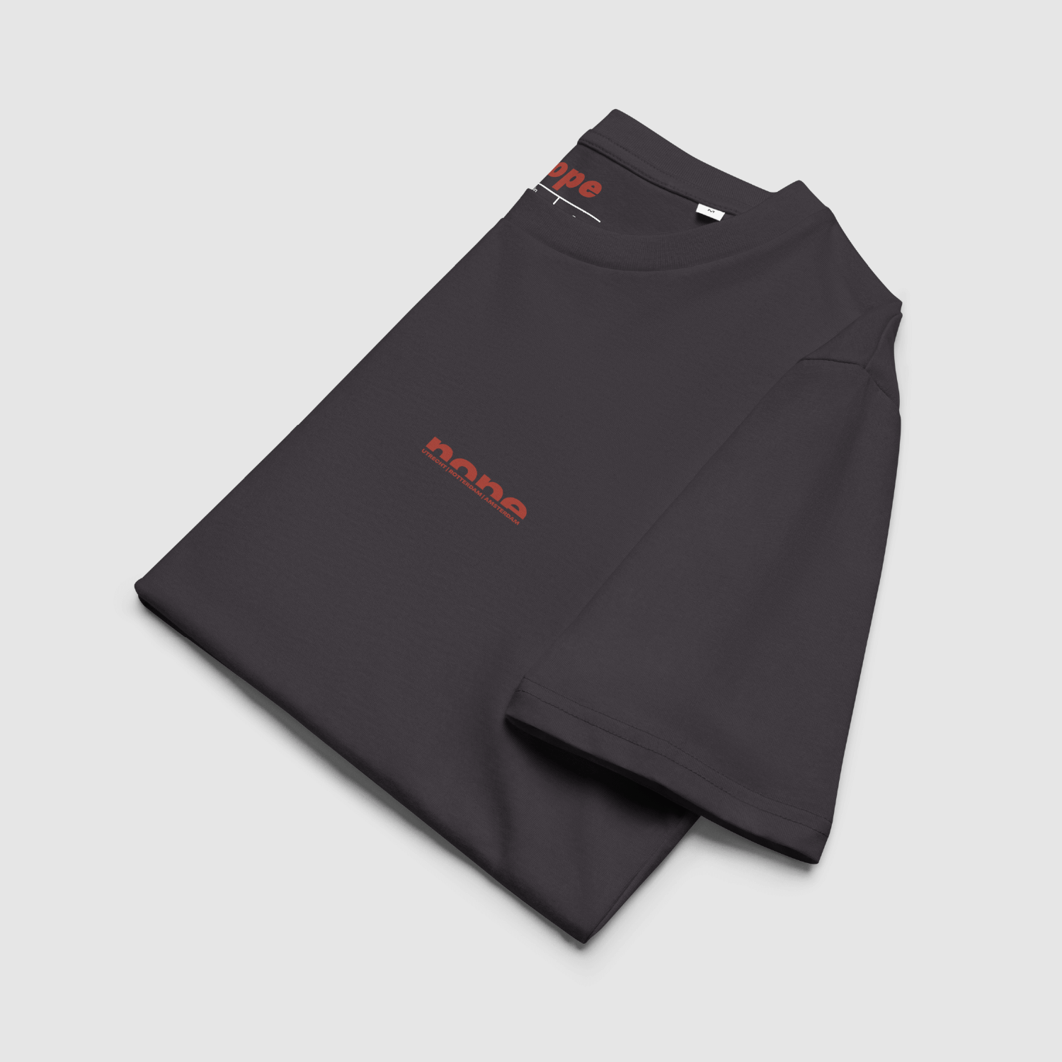 Folded anthracite Nope T-shirt with chest and neck prints in deep red — premium organic streetwear