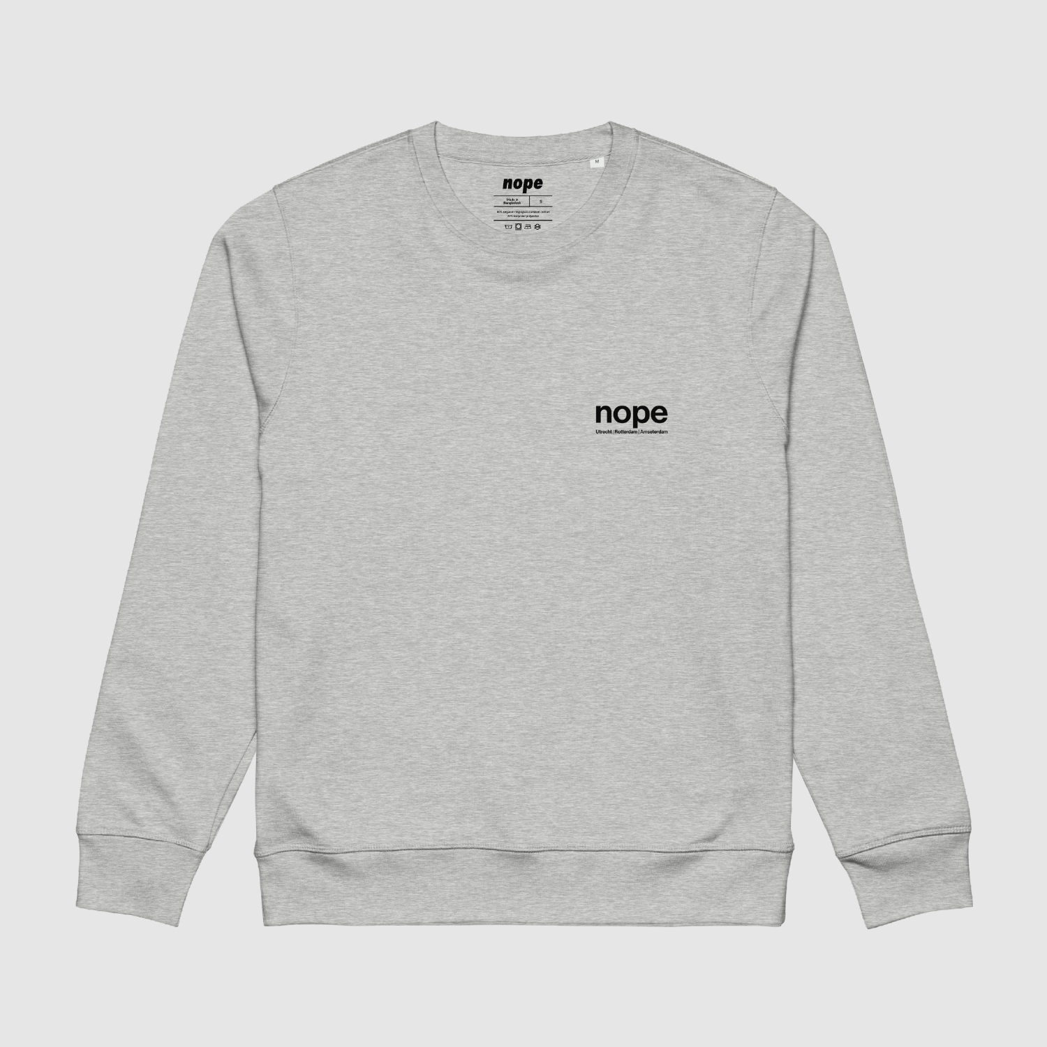 Full Front View: Heather grey Nopehaus sweatshirt with minimalist city logo on chest