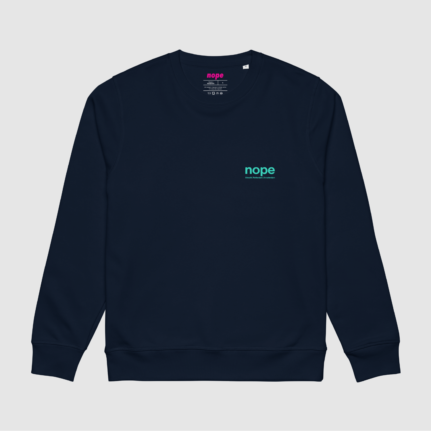Full Front View: Full front view of navy Nopehaus Zoned sweatshirt with small chest logo – Utrecht | Rotterdam | Amsterdam