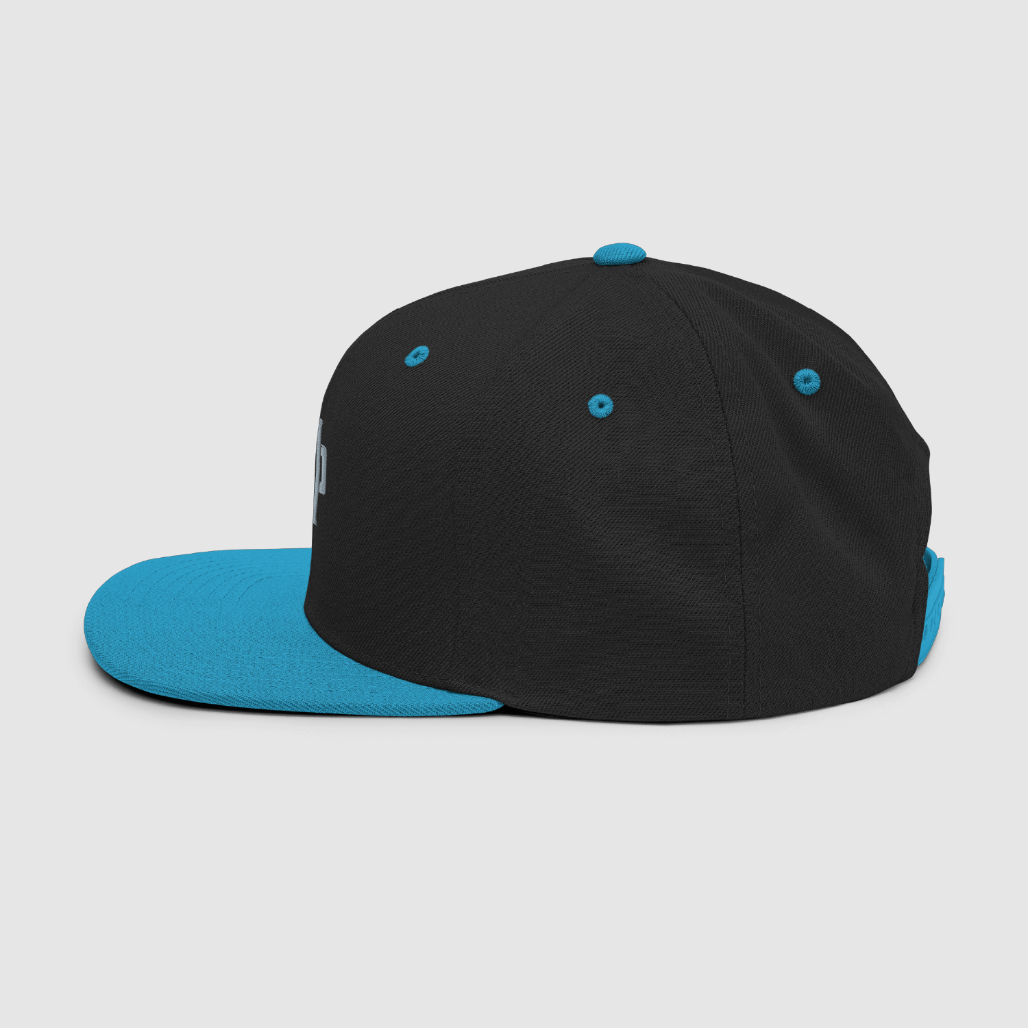 Side profile of black and cyan streetwear cap by Nope