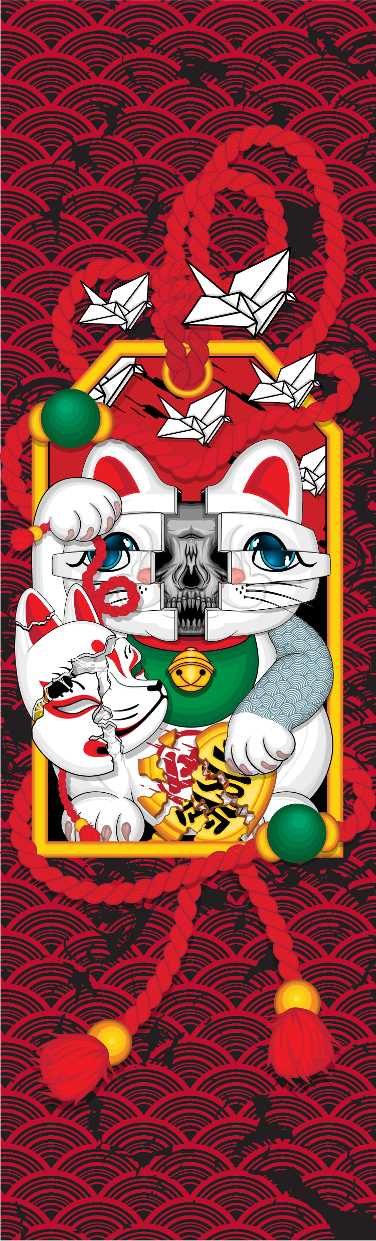 Digital painting of a Maneki Neko lucky cat with broken mask, origami cranes, and red rope — unique skateboard deck artwork by Mr. Nope.