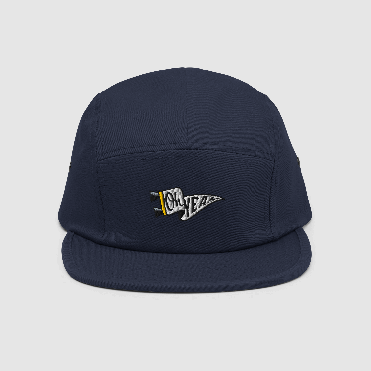 Front view of Oh Yeah Navy 5 Panel Cap with embroidered pennant logo – designed by Mr. Nope for nopeshop.com