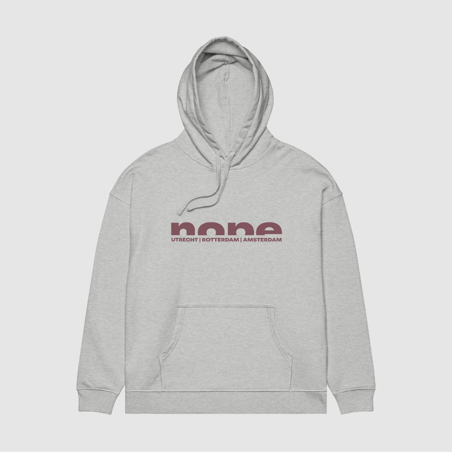 Front view of grey hoodie with centered nope text logo and city names – Mr. Nope streetwear