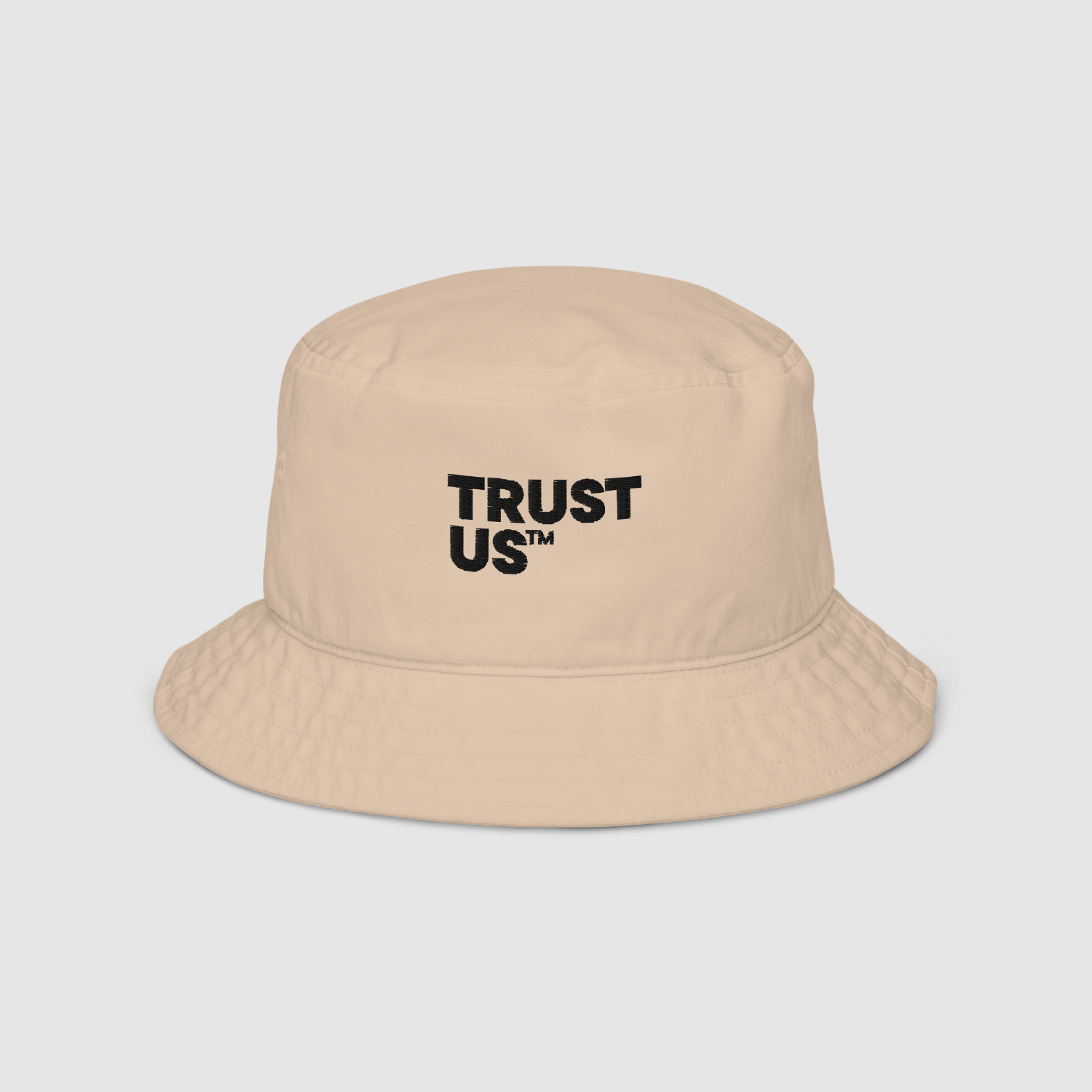 Trust Us™ Bucket Hat in stone beige with bold black embroidery – front view