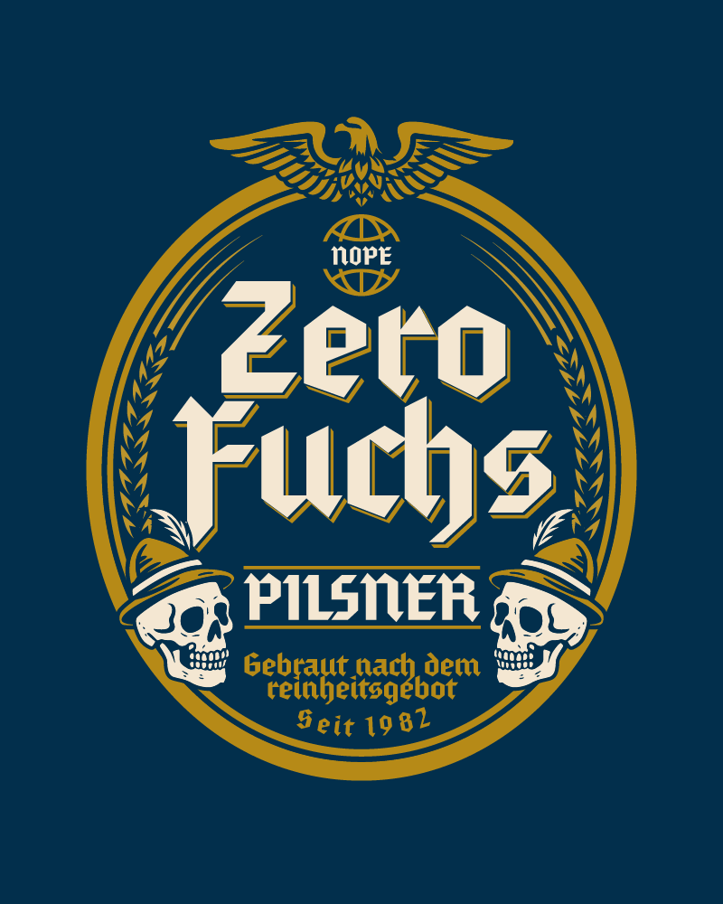 Zero Fuchs Pilsner beer label illustration by Mr. Nope – Bavarian skull design with vintage typography