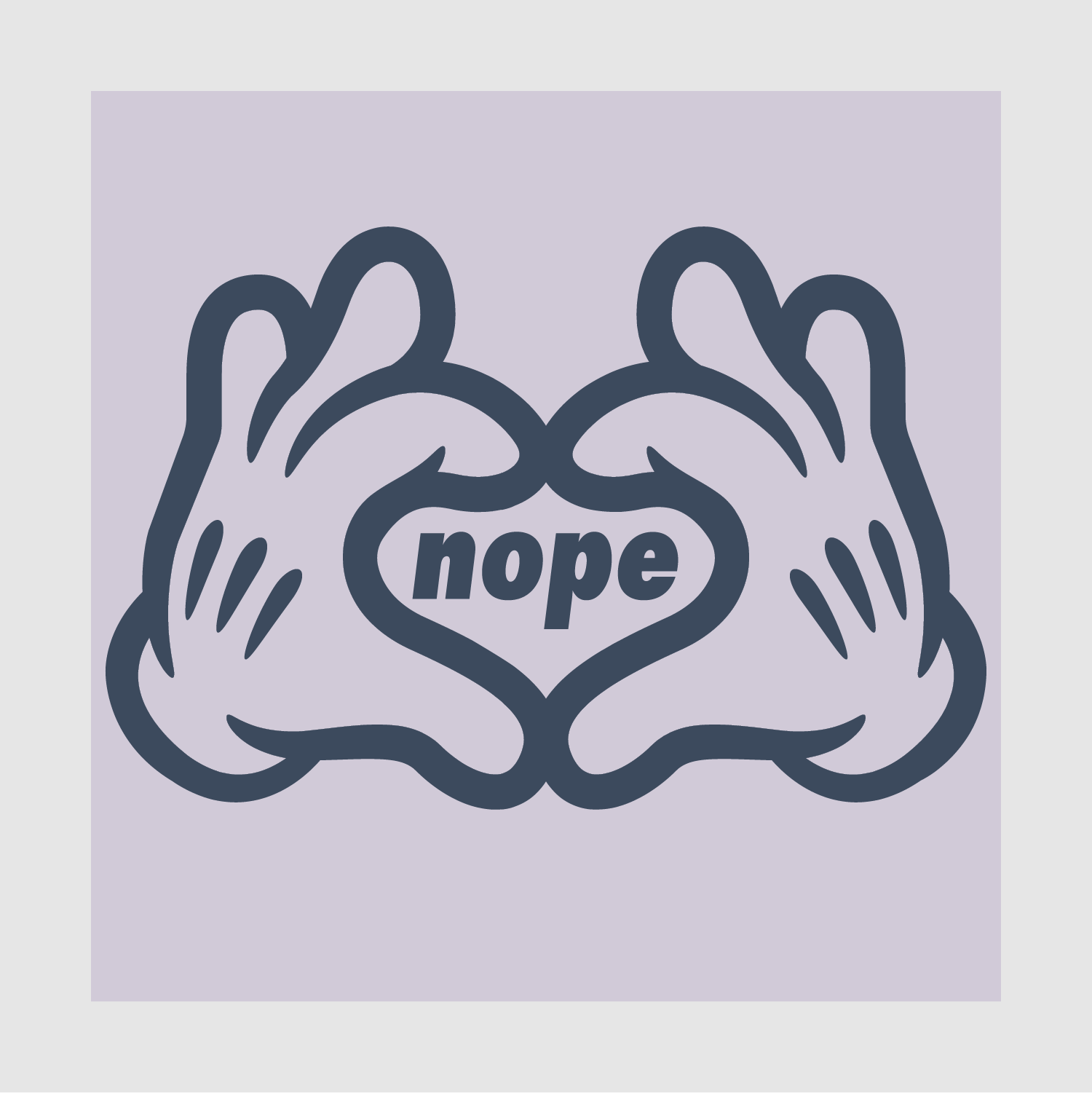 Nope heart-hands chest graphic close-up – navy print on lavender tee