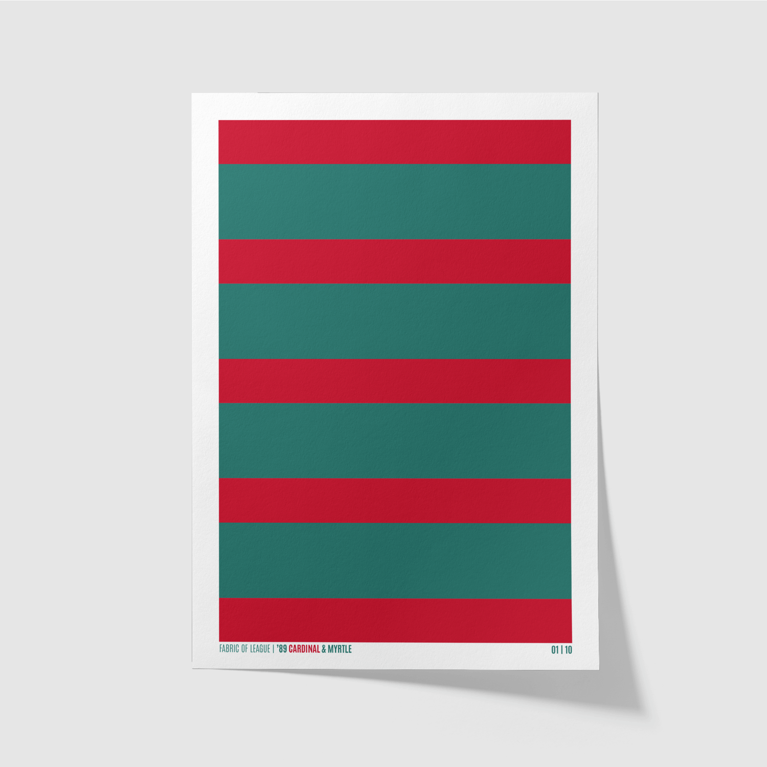 Minimal 1989 Cardinal & Myrtle rugby league art print – unframed red and green stripes.