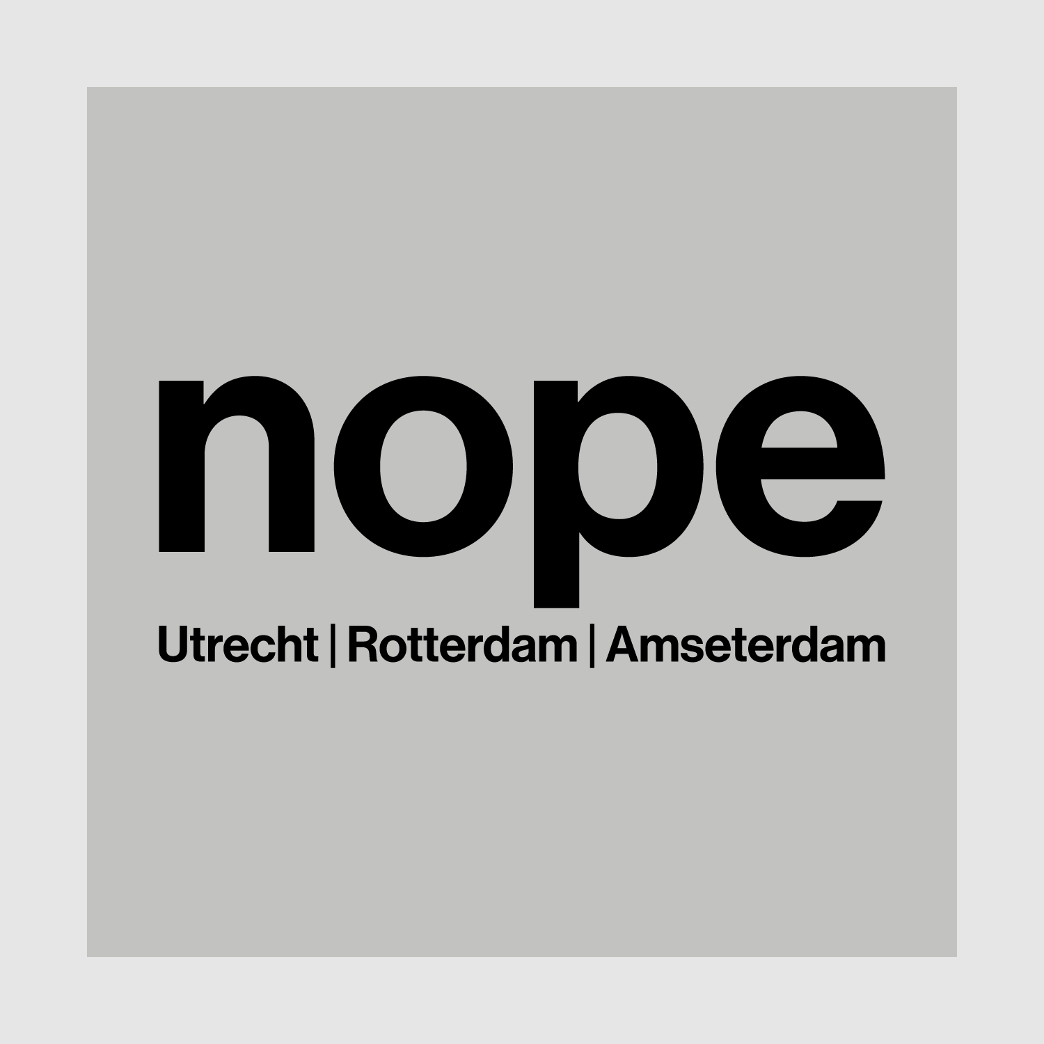 Front Graphic View: Nopehaus heather grey sweatshirt with black “nope” chest logo and Utrecht | Rotterdam | Amsterdam text