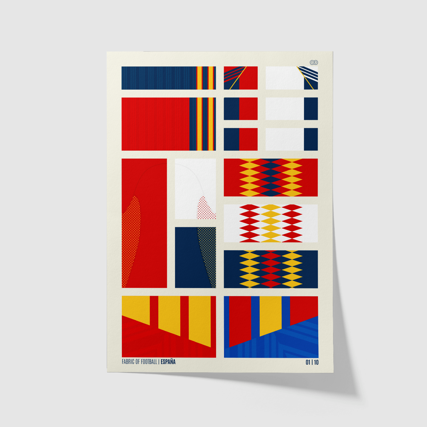 Spain Fabric of Football art print featuring red, yellow, and blue geometric football kit designs – unframed
