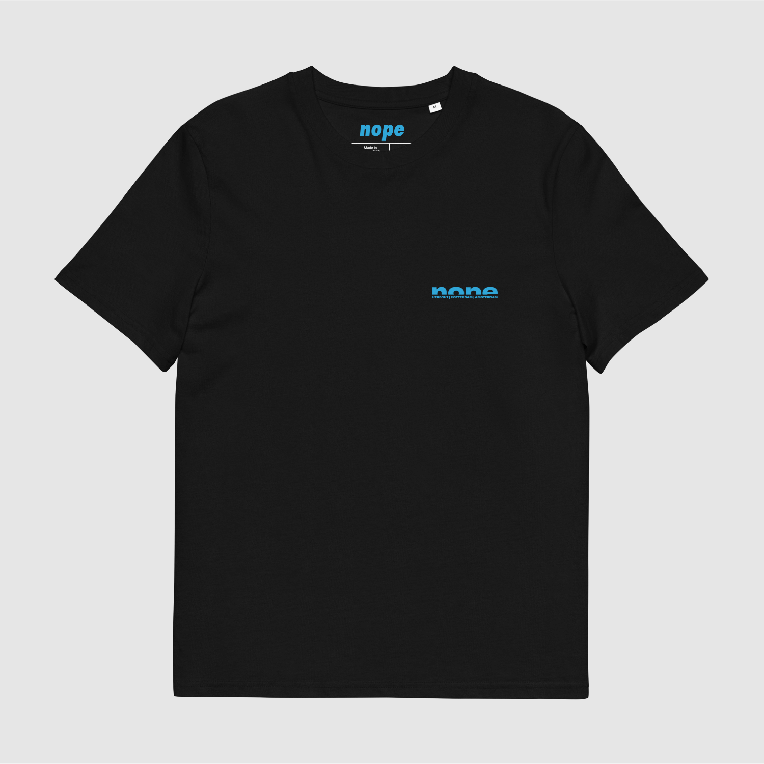 Front of black Nope T-shirt with minimalist cyan chest logo — 100% organic streetwear by Mr. Nope