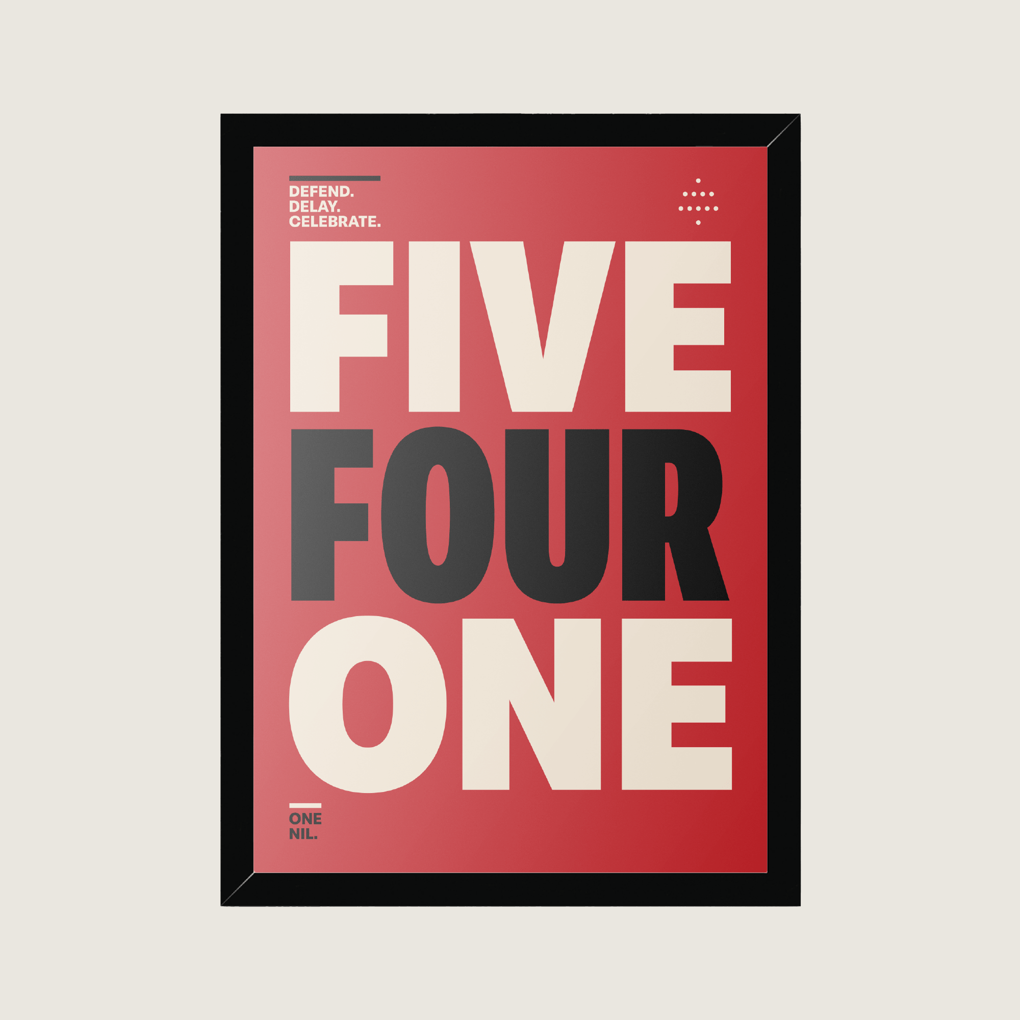 Framed 5-4-1 football formation poster featuring bold typography, defensive football strategy and the slogan Defend. Delay. Celebrate.