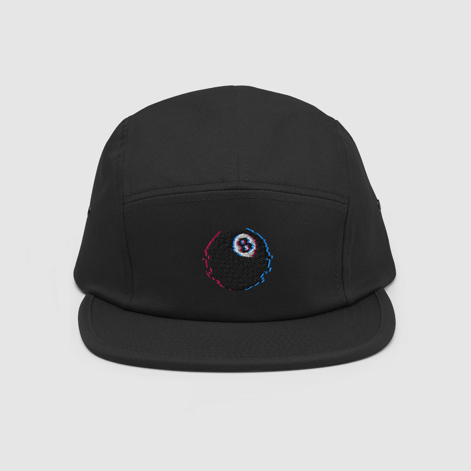 Front view of the black 5-panel cap with glitch-style embroidered 8-ball graphic – streetwear hat by Mr. Nope, available at nopeshop.com