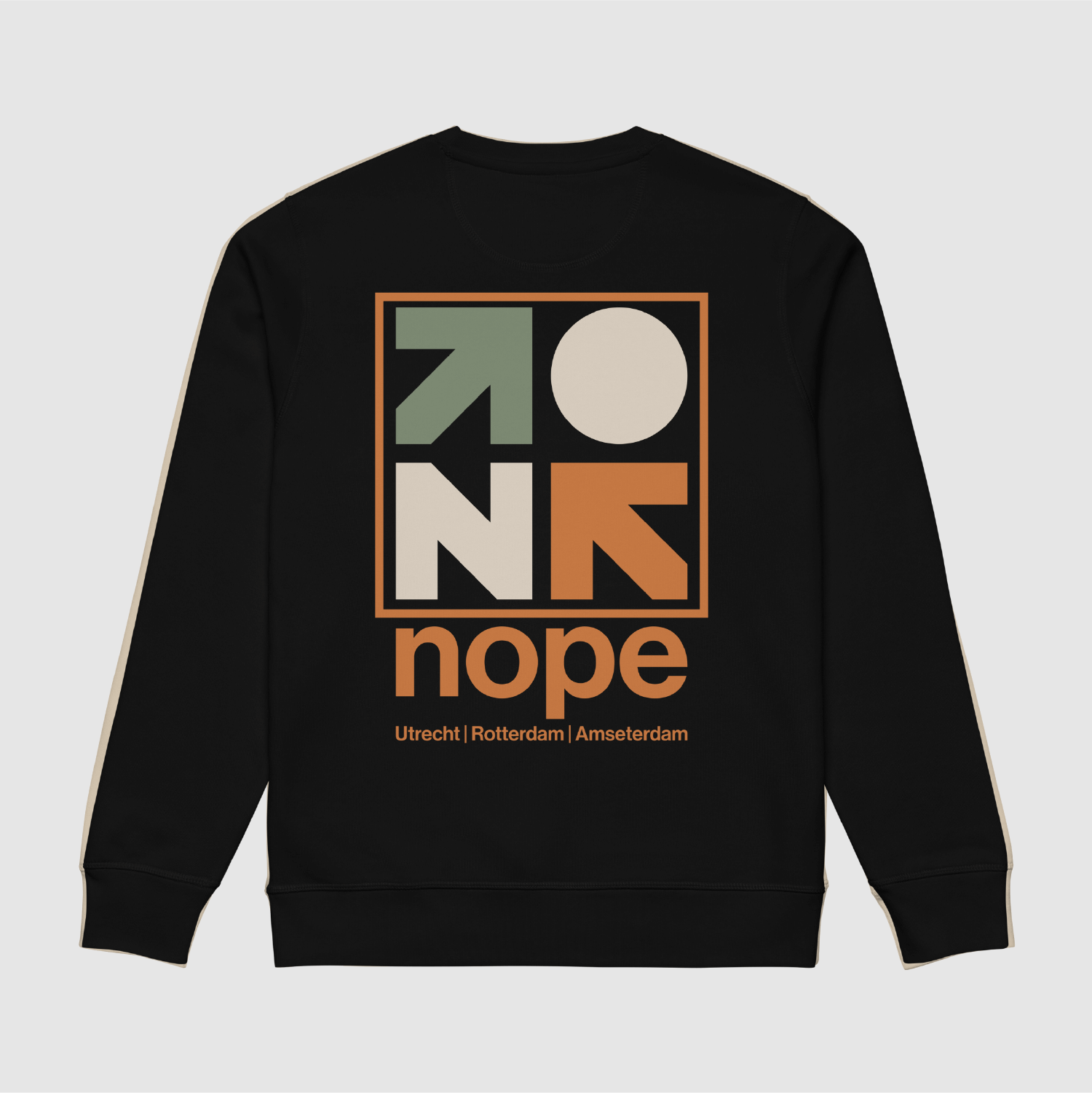 Back Graphic View: Black Nopehaus sweatshirt with modular geometric back print – sage green, cream, and orange accents