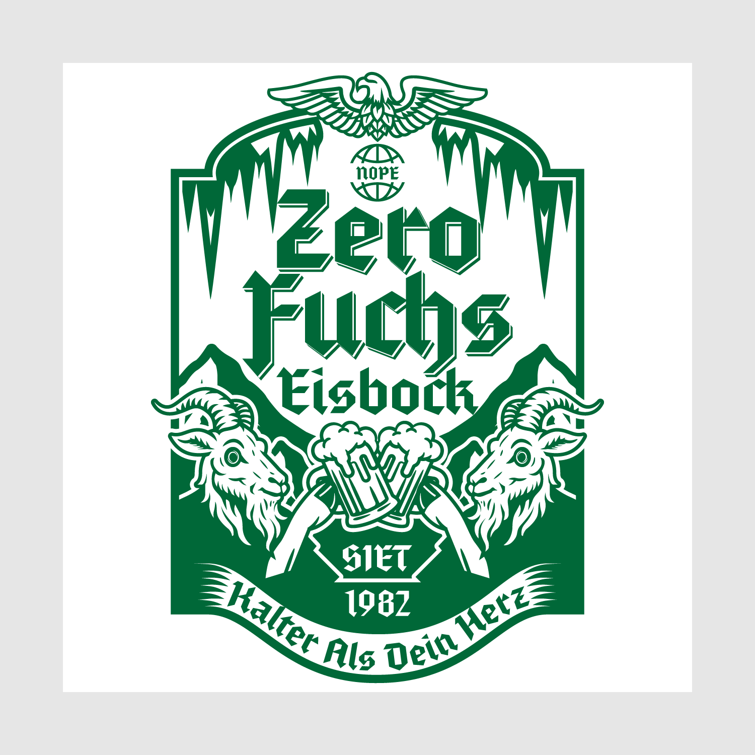 Detailed view of the green Zero Fuchs Eisbock parody beer label featuring mountain goats, icicles, beer mugs, and Gothic logotype.