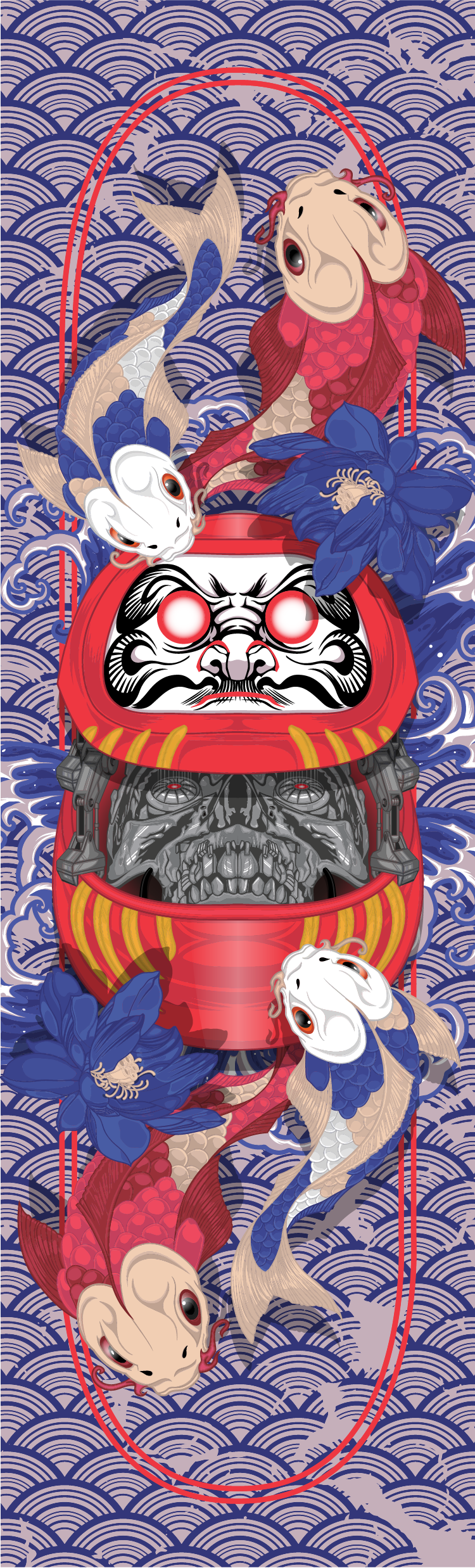 Digital painting of a Daruma doll with koi fish and lotus flowers in blue waves — original skateboard deck artwork design by Mr. Nope.