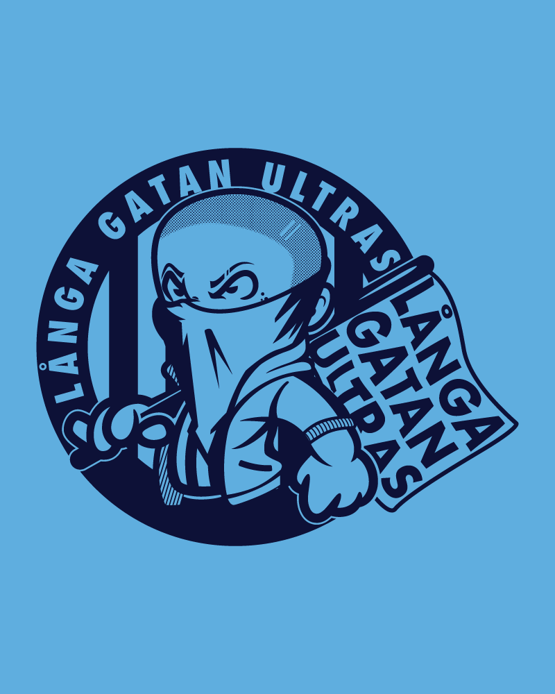 Långa Gatan Ultras graphic in navy blue tones, featuring masked supporter artwork.