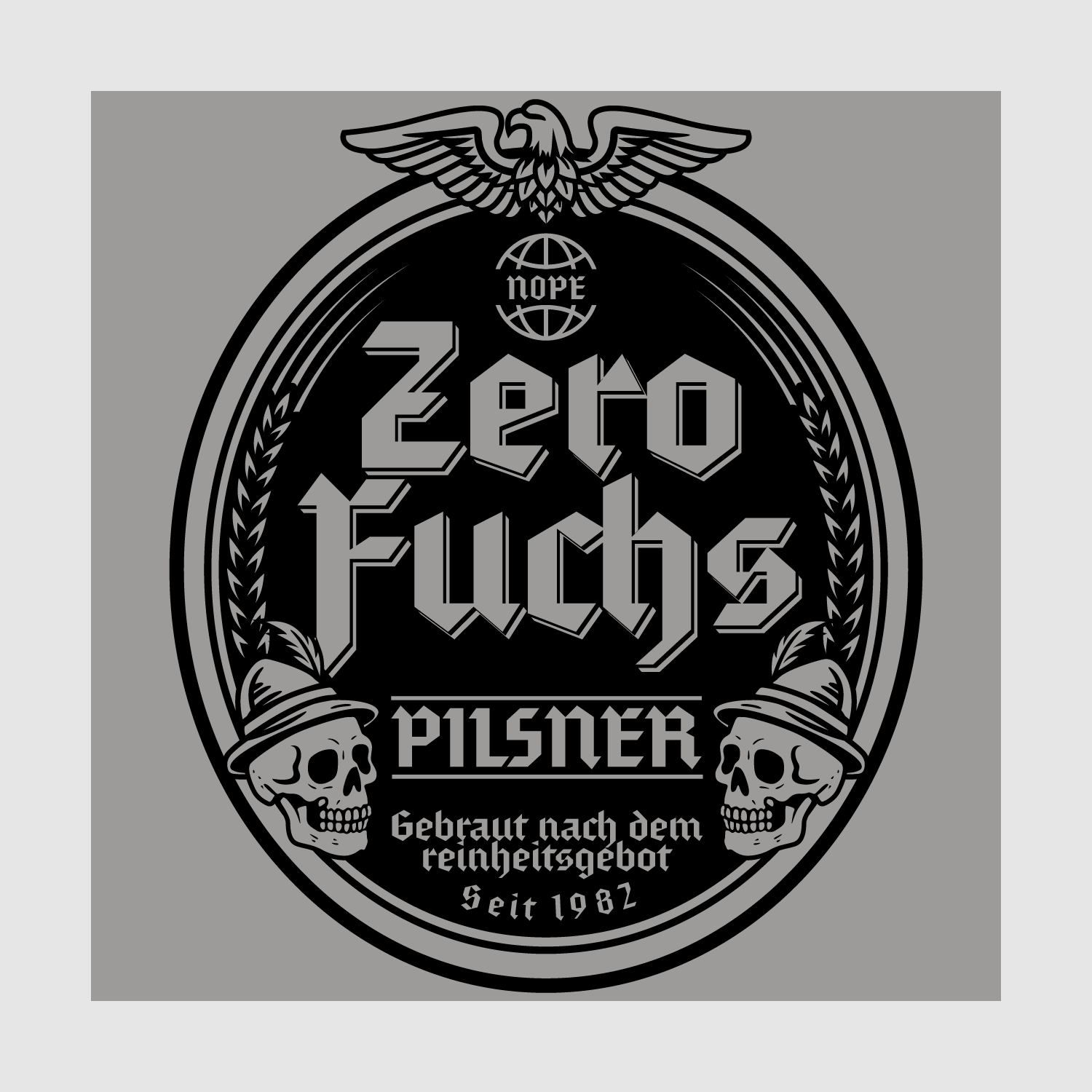 Detailed graphic view of the Zero Fuchs Pilsner parody beer label in cream on dark background, featuring skulls, gothic fonts, and NOPE eagle crest.