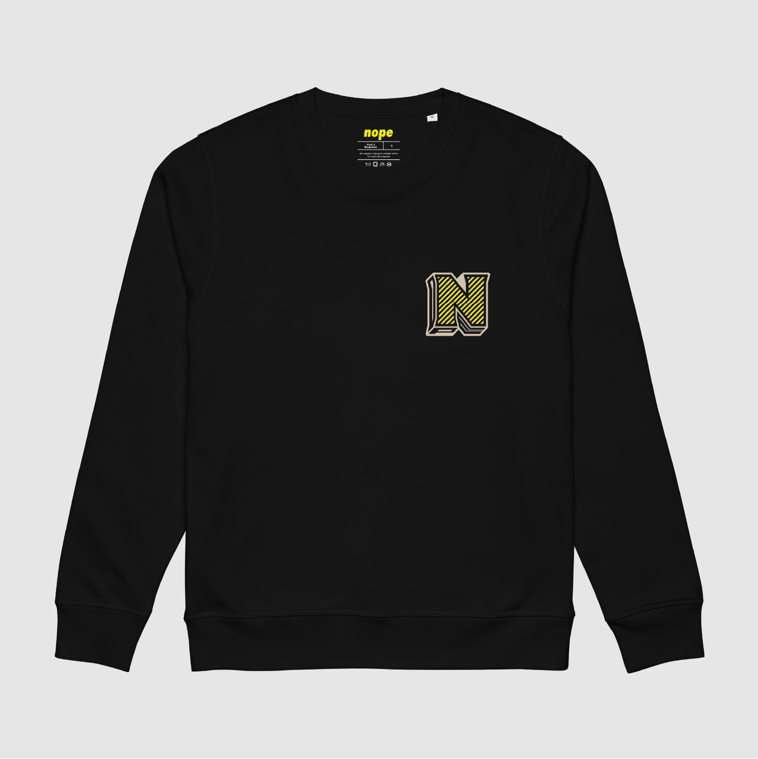 Black Nope 3D Logo Sweatshirt with yellow 3D “N” chest graphic by Mr. Nope