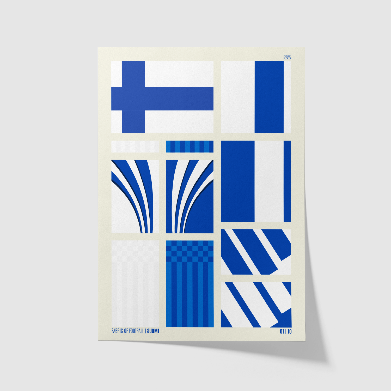 Finland Fabric of Football art print featuring blue and white geometric football kit designs – unframed