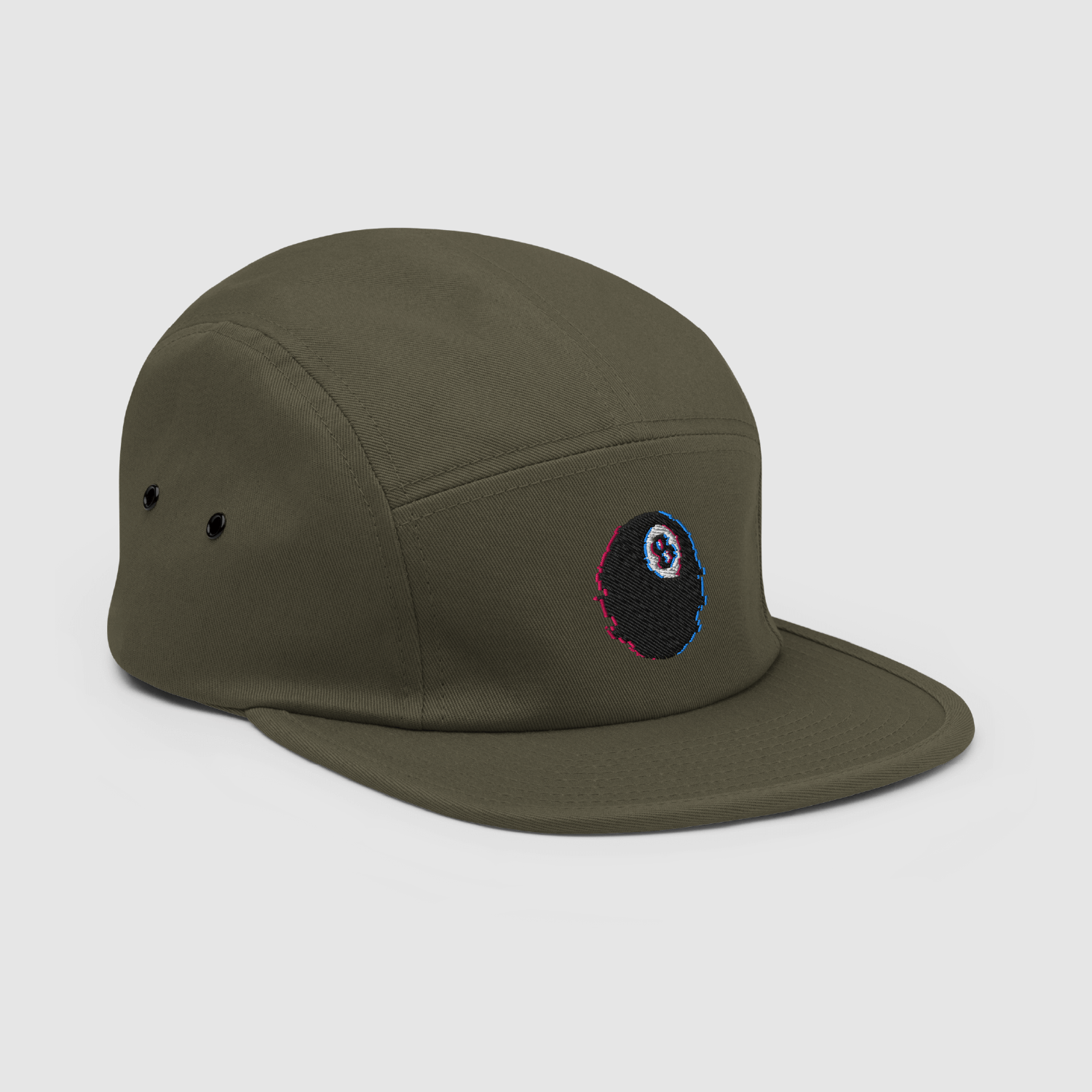 3/4 front angle of olive 5 panel cap with blue/red glitched embroidery