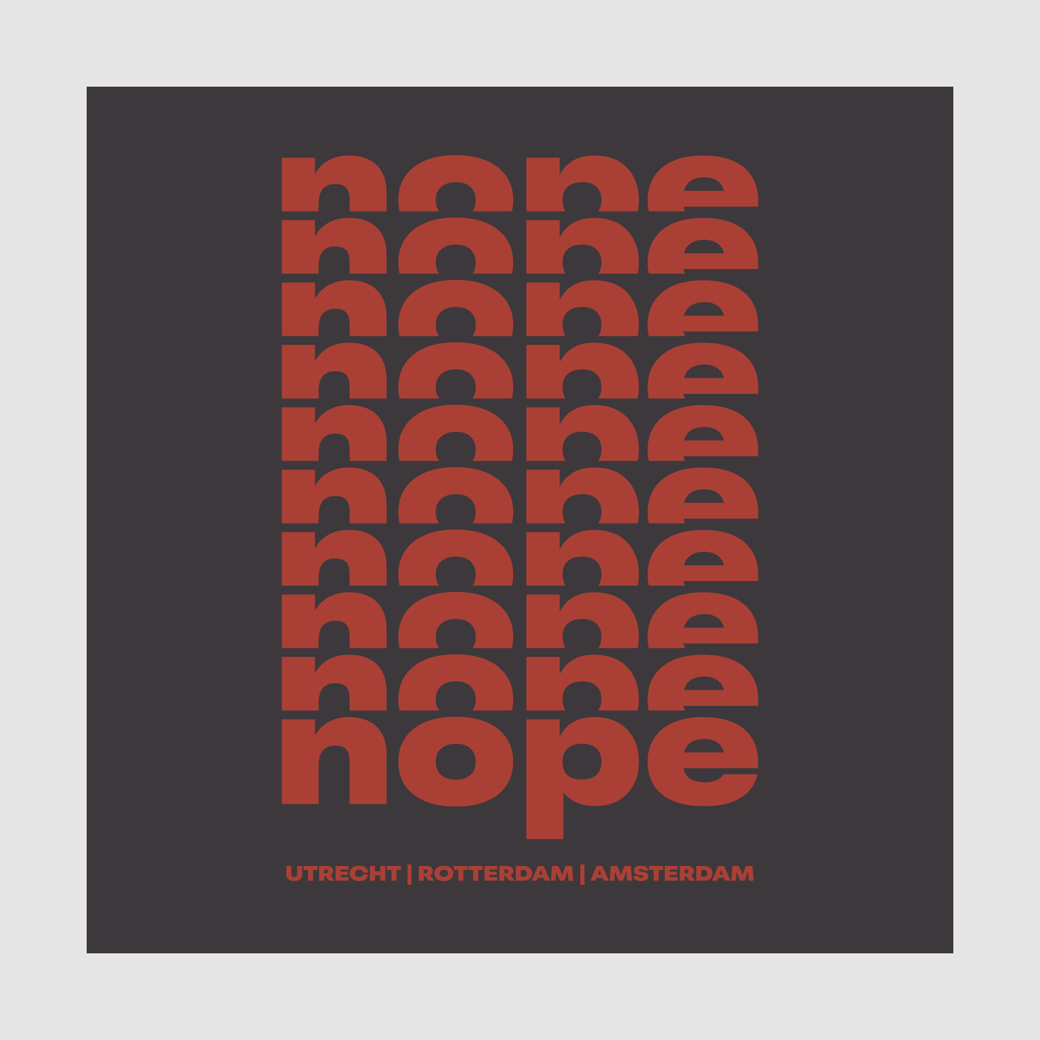 Stacked red Nope logo artwork on dark background with Utrecht, Rotterdam, Amsterdam text — graphic print design