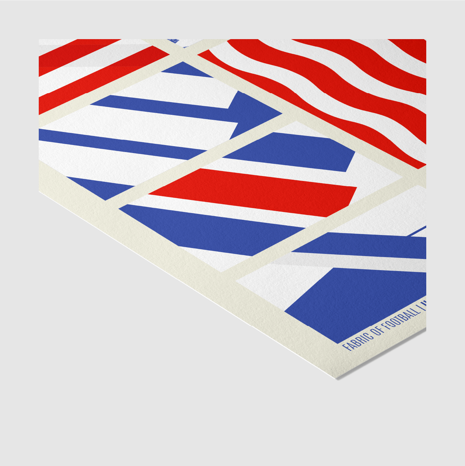 Angled close-up of USA Fabric of Football art print highlighting wavy red stripes and geometric shapes