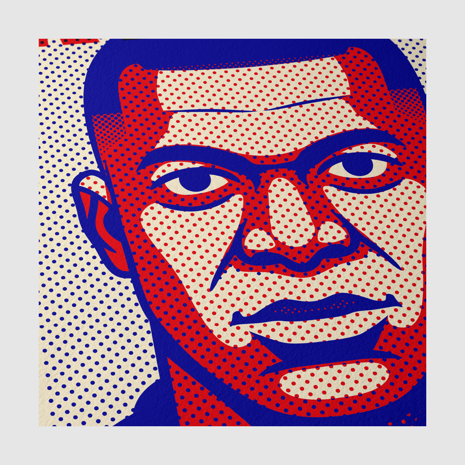 Close-up of halftone-style print texture and bold color detailing on L'ATTAQUANT artwork