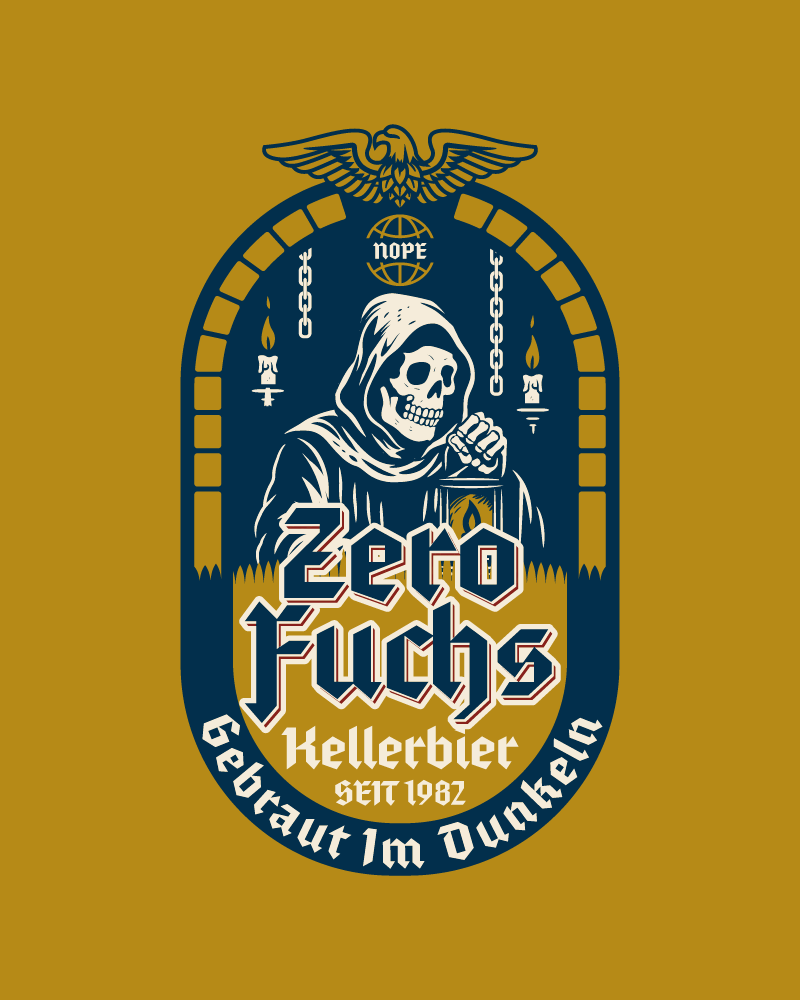 Zero Fuchs Kellerbier beer label illustration with hooded monk skull, lantern, and medieval styling