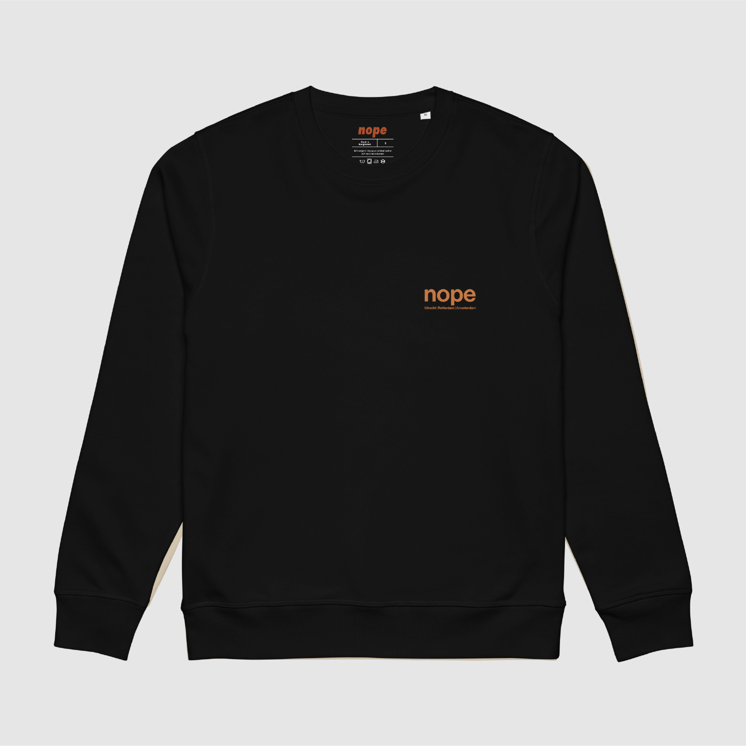 Full Front View: Black Nopehaus sweatshirt with minimalist triple-city logo print on front