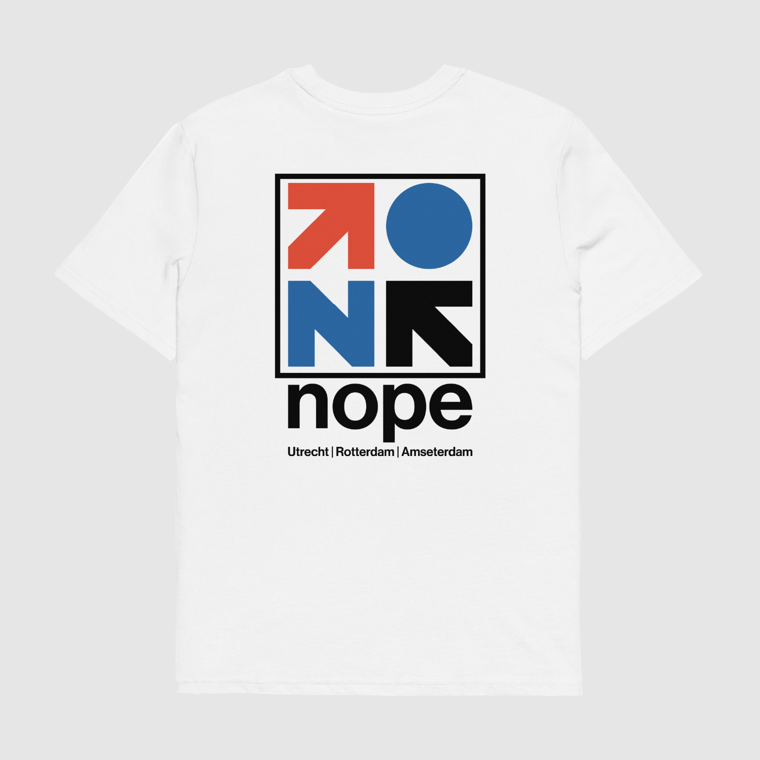 Back of NOPEHAUS Primary T-Shirt featuring full modular logo, NOPE branding, and city names