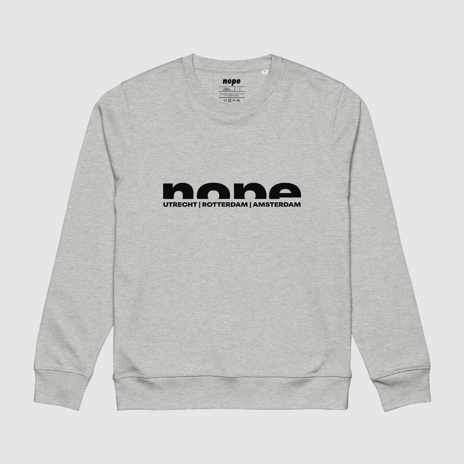Nope Text Logo Sweatshirt in heather grey – front view with black Utrecht, Rotterdam, Amsterdam typographic design