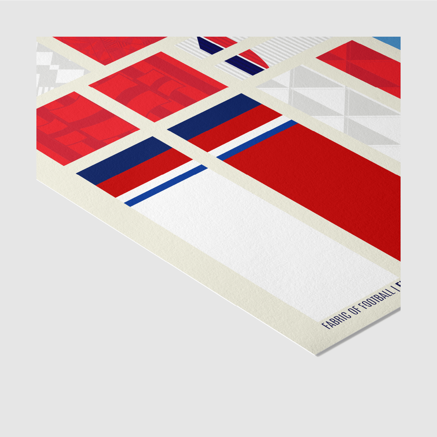 Detail shot of England Fabric of Football art print with red, white, and blue minimalist football shirt designs