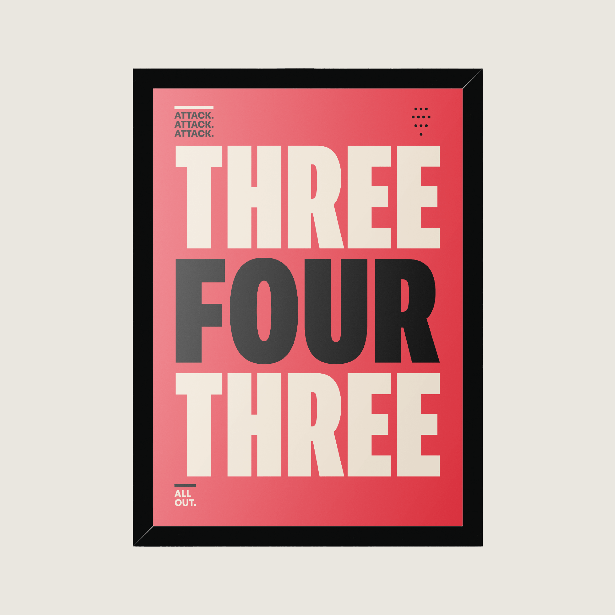 Framed 3-4-3 football formation poster featuring bold typography, modern football-inspired graphic design and the slogan Attack. Attack. Attack.