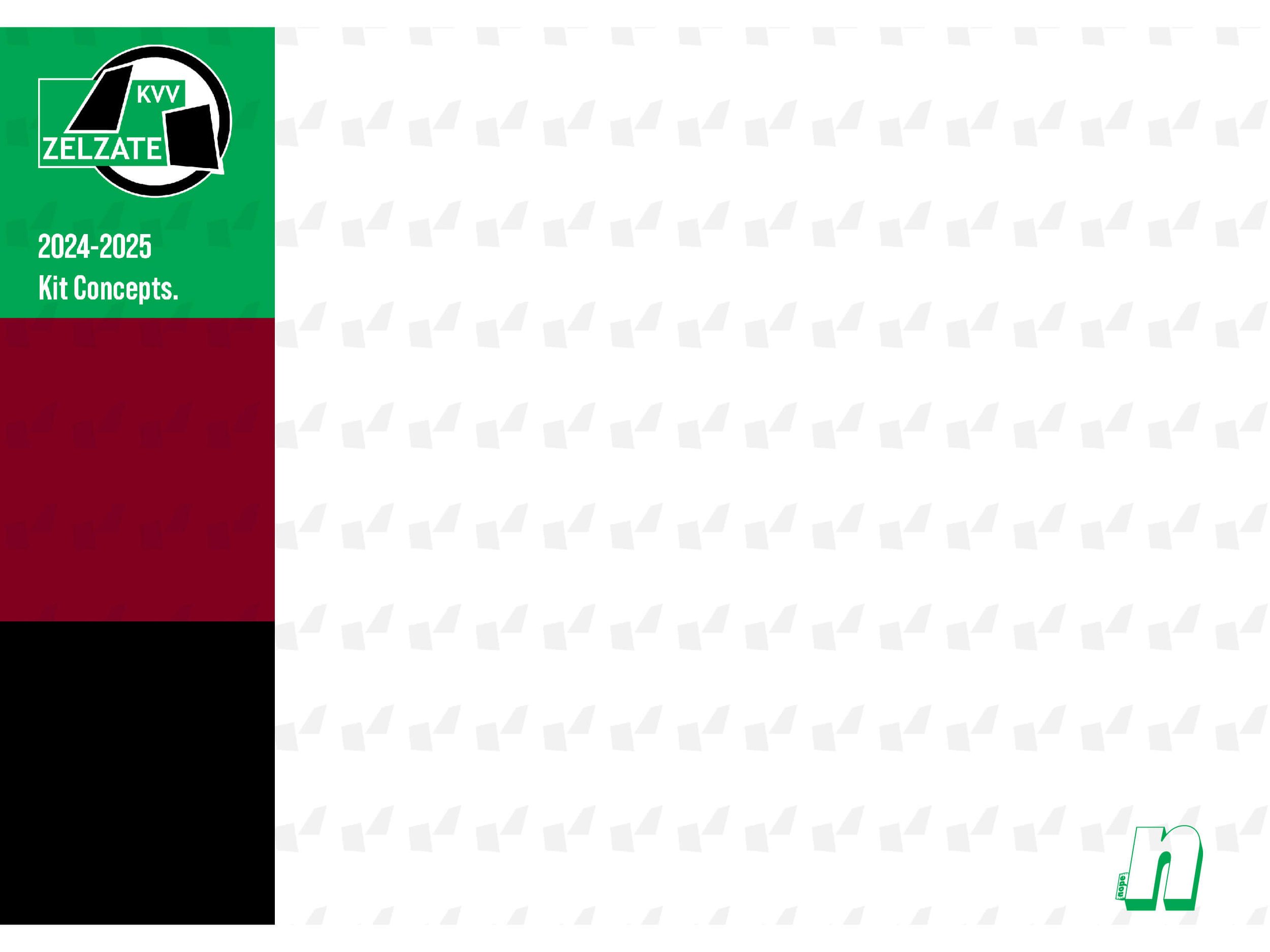This image introduces the 2024-2025 kit concepts for KVV Zelzate, showcasing the collaboration between Nope Design and the football club. It highlights the club’s colors and branding alongside a bold presentation of kit designs. The background featur